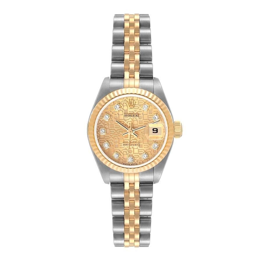Rolex Datejust Steel Yellow Gold Diamond Anniversary Dial Ladies Watch 79173. Officially certified chronometer automatic self-winding movement. Stainless steel oyster case 26.0 mm in diameter. Rolex logo on an 18K yellow gold crown. 18k yellow gold