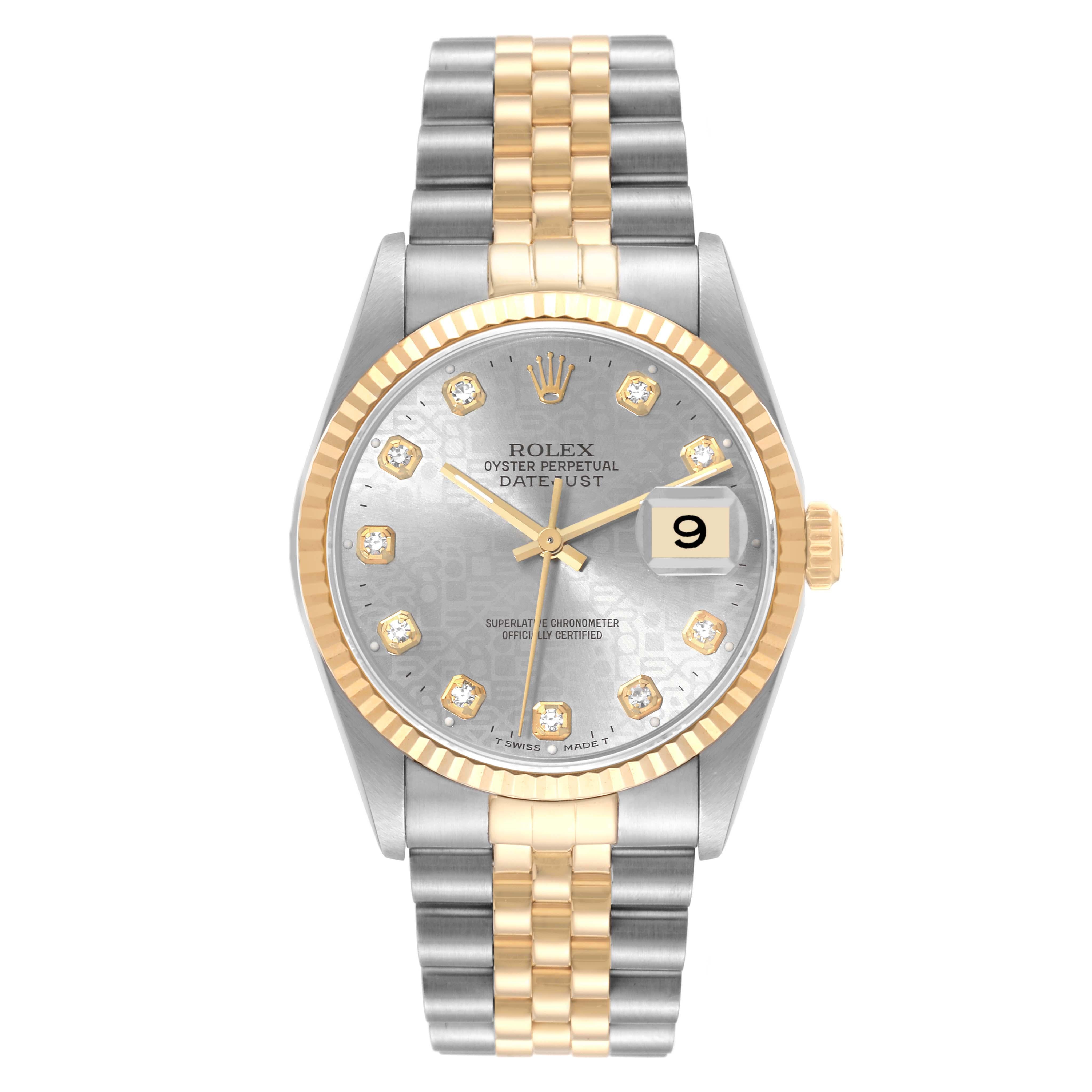 Rolex Datejust Steel Yellow Gold Diamond Anniversary Dial Mens Watch 16233. Officially certified chronometer automatic self-winding movement. Stainless steel case 36 mm in diameter.  Rolex logo on an 18K yellow gold crown. 18k yellow gold fluted