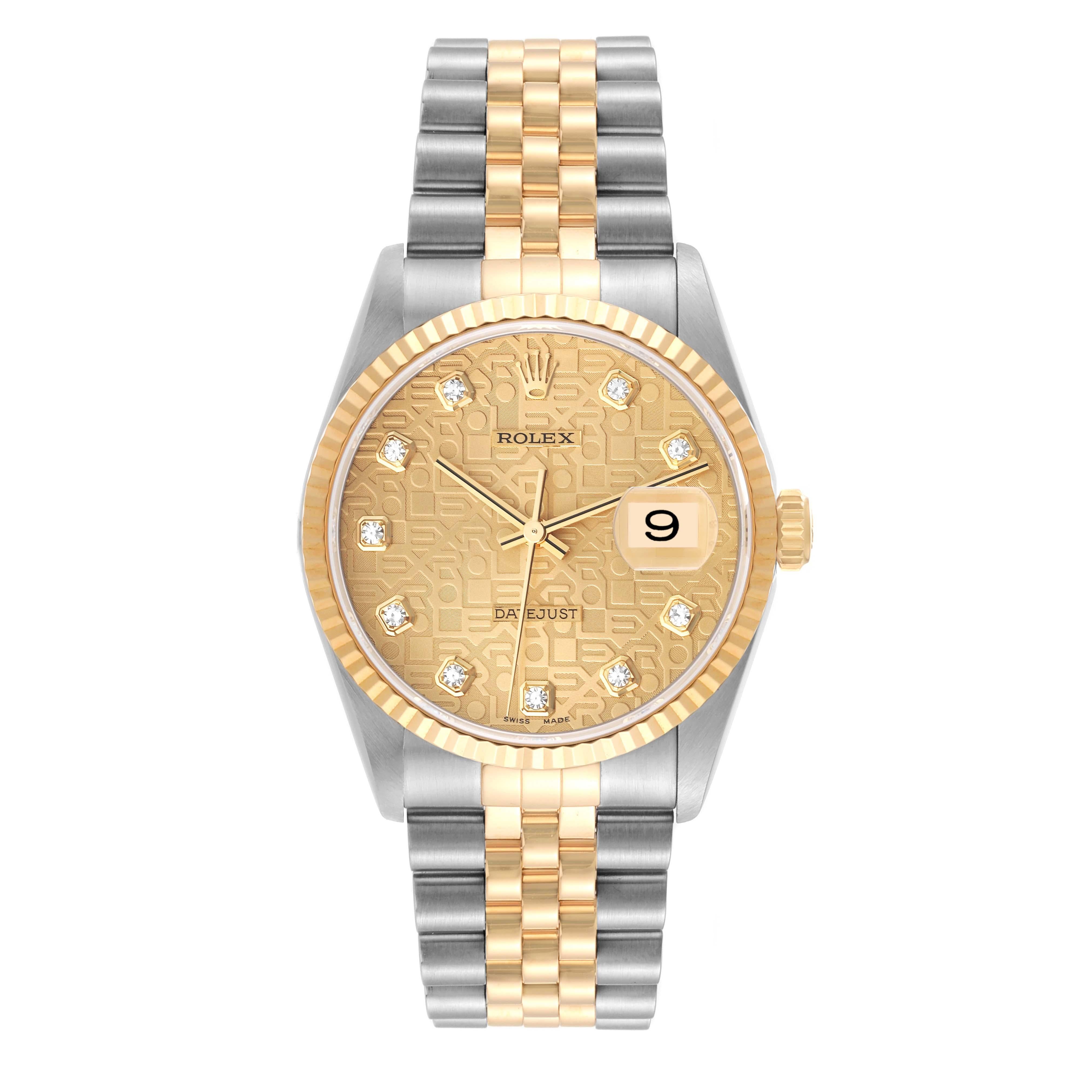 Rolex Datejust Steel Yellow Gold Diamond Anniversary Dial Mens Watch 16233. Officially certified chronometer automatic self-winding movement. Stainless steel case 36 mm in diameter.  Rolex logo on an 18K yellow gold crown. 18k yellow gold fluted