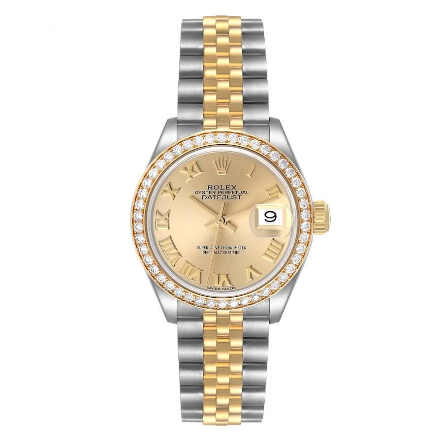 Rolex Datejust Steel Yellow Gold Diamond Bezel Ladies Watch 279383 Box Card. Officially certified chronometer automatic self-winding movement. Stainless steel oyster case 28.0 mm in diameter. Rolex logo on an 18K yellow gold crown. 18k yellow gold