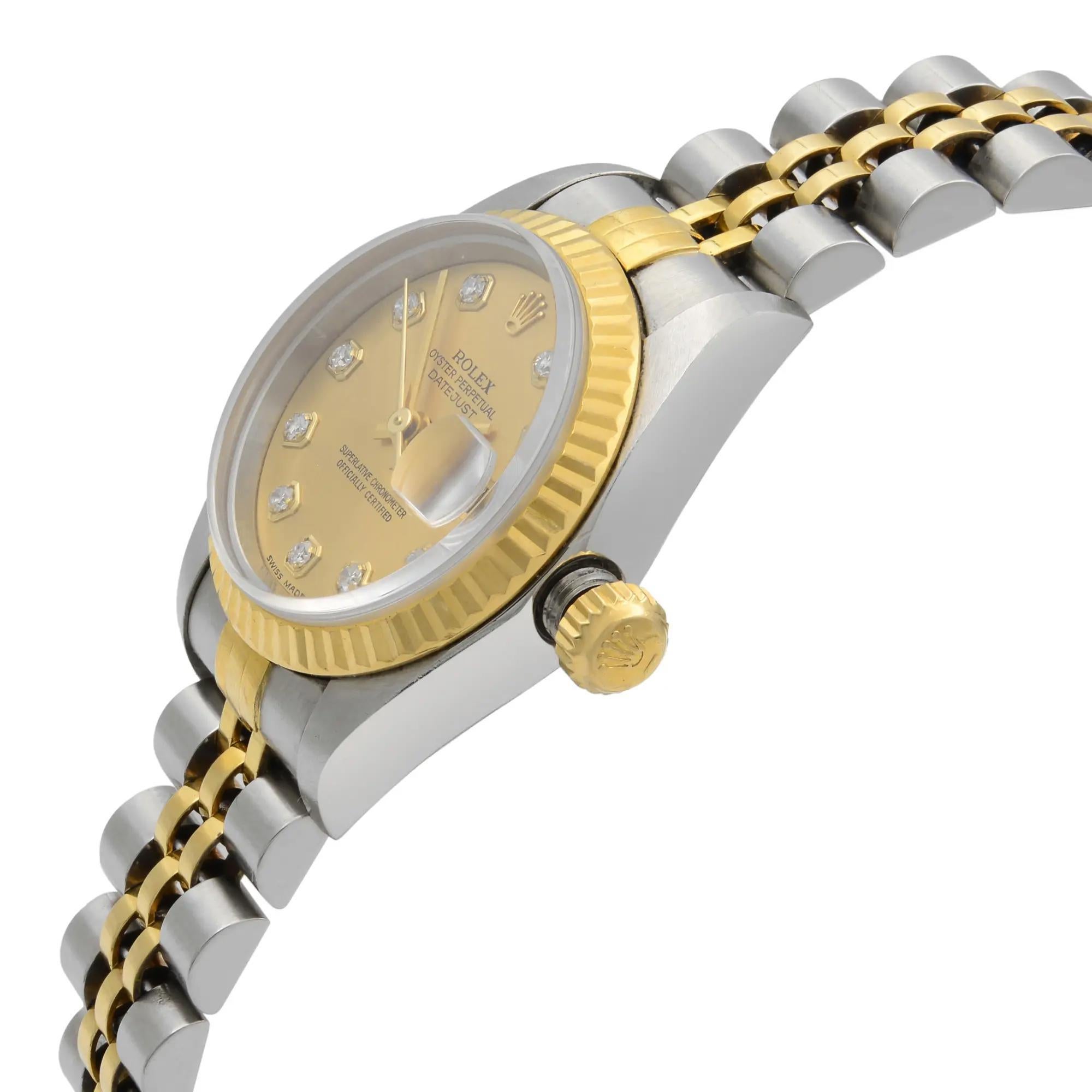 Rolex Datejust Steel Yellow Gold Diamond Champagne Dial Automatic Watch 79173 In Excellent Condition For Sale In New York, NY