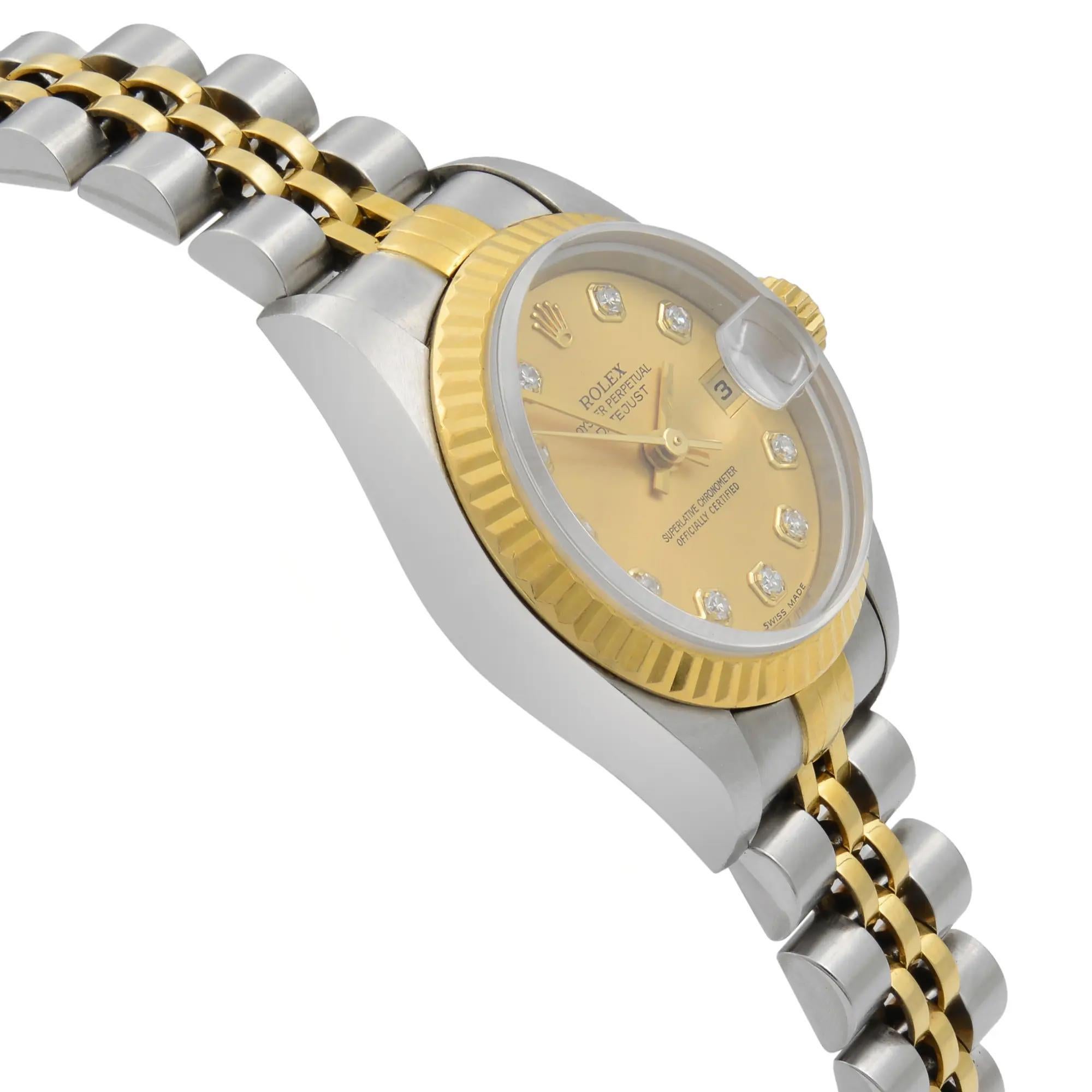 Women's Rolex Datejust Steel Yellow Gold Diamond Champagne Dial Automatic Watch 79173 For Sale