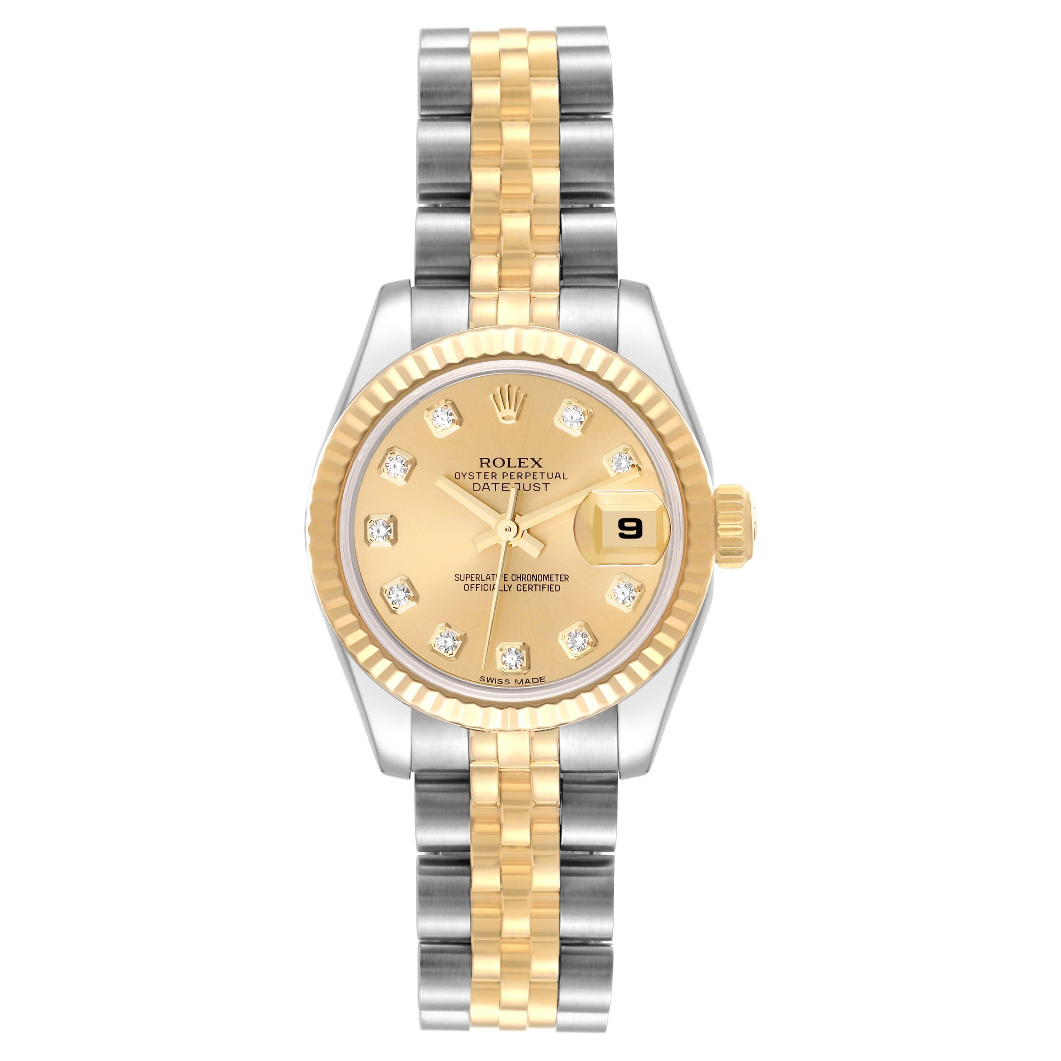 Rolex Datejust Steel Yellow Gold Diamond Dial Ladies Watch 179173 Box Card. Officially certified chronometer automatic self-winding movement. Stainless steel oyster case 26 mm in diameter. Rolex logo on an 18K yellow gold crown. 18k yellow gold