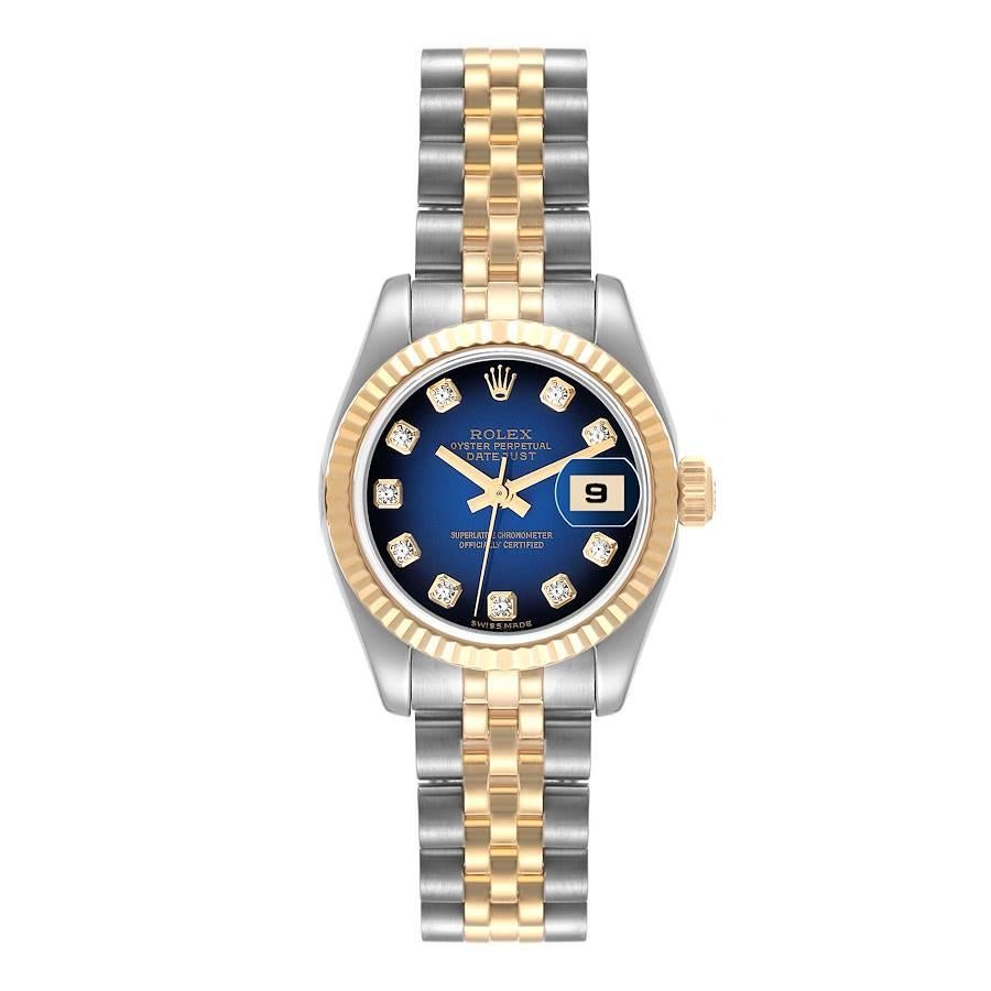 Rolex Datejust Steel Yellow Gold Diamond Dial Ladies Watch 179173 Box Papers. Officially certified chronometer automatic self-winding movement. Stainless steel oyster case 26 mm in diameter. Rolex logo on an 18K yellow gold crown. 18k yellow gold