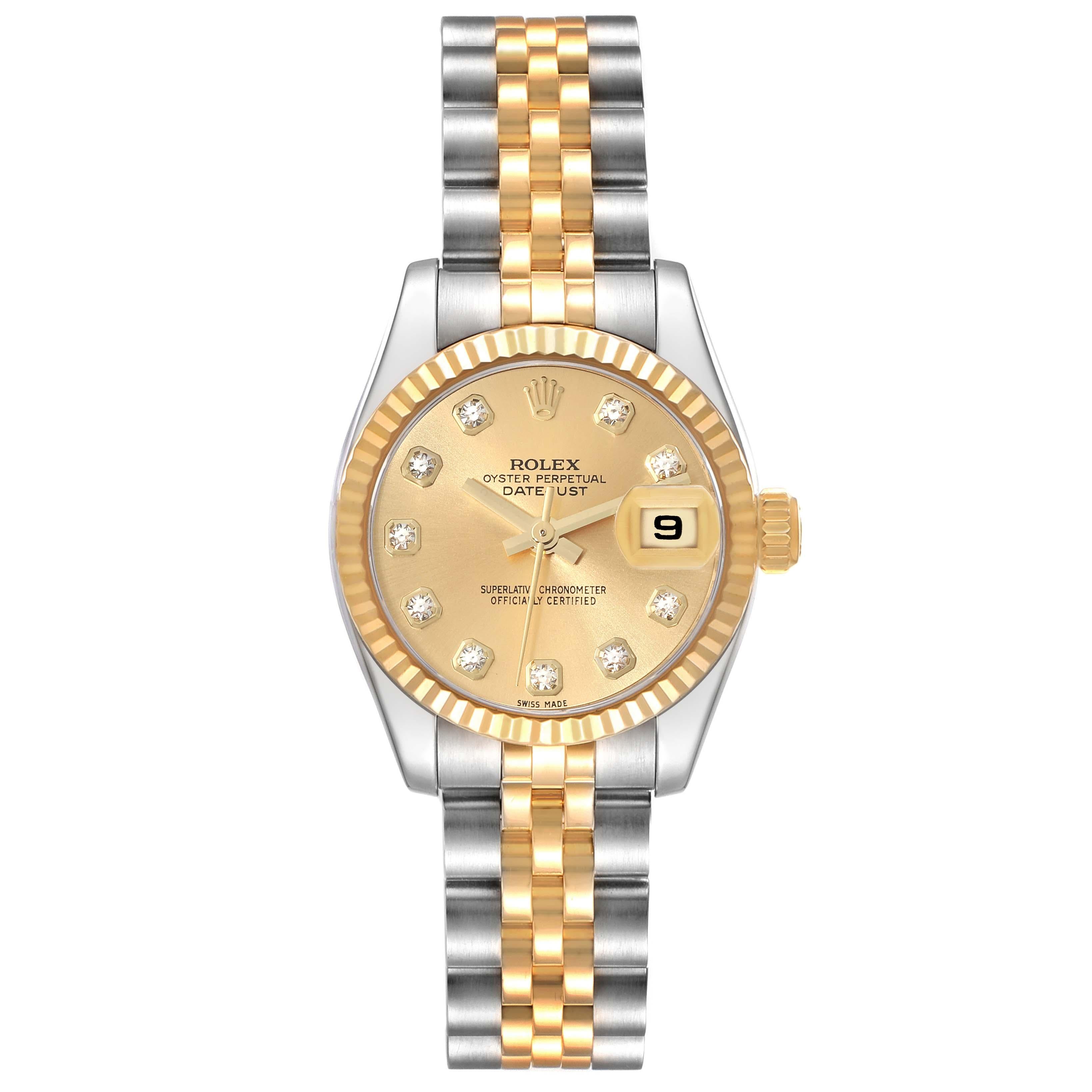 Rolex Datejust Steel Yellow Gold Diamond Dial Ladies Watch 179173. Officially certified chronometer automatic self-winding movement. Stainless steel oyster case 26 mm in diameter. Rolex logo on an 18K yellow gold crown. 18k yellow gold fluted bezel.