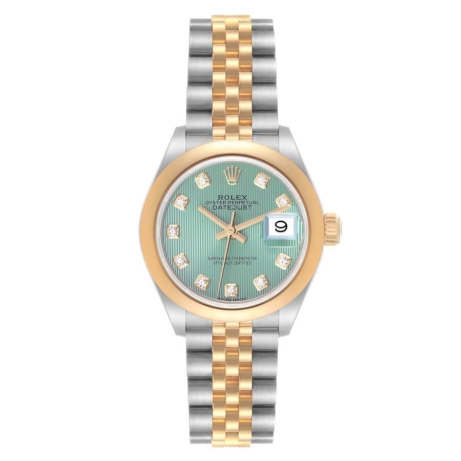 Rolex Datejust Steel Yellow Gold Diamond Dial Ladies Watch 279163 Box Card. Officially certified chronometer self-winding movement. Stainless steel oyster case 28 mm in diameter. Rolex logo on an 18k yellow gold crown. 18k yellow gold smooth domed