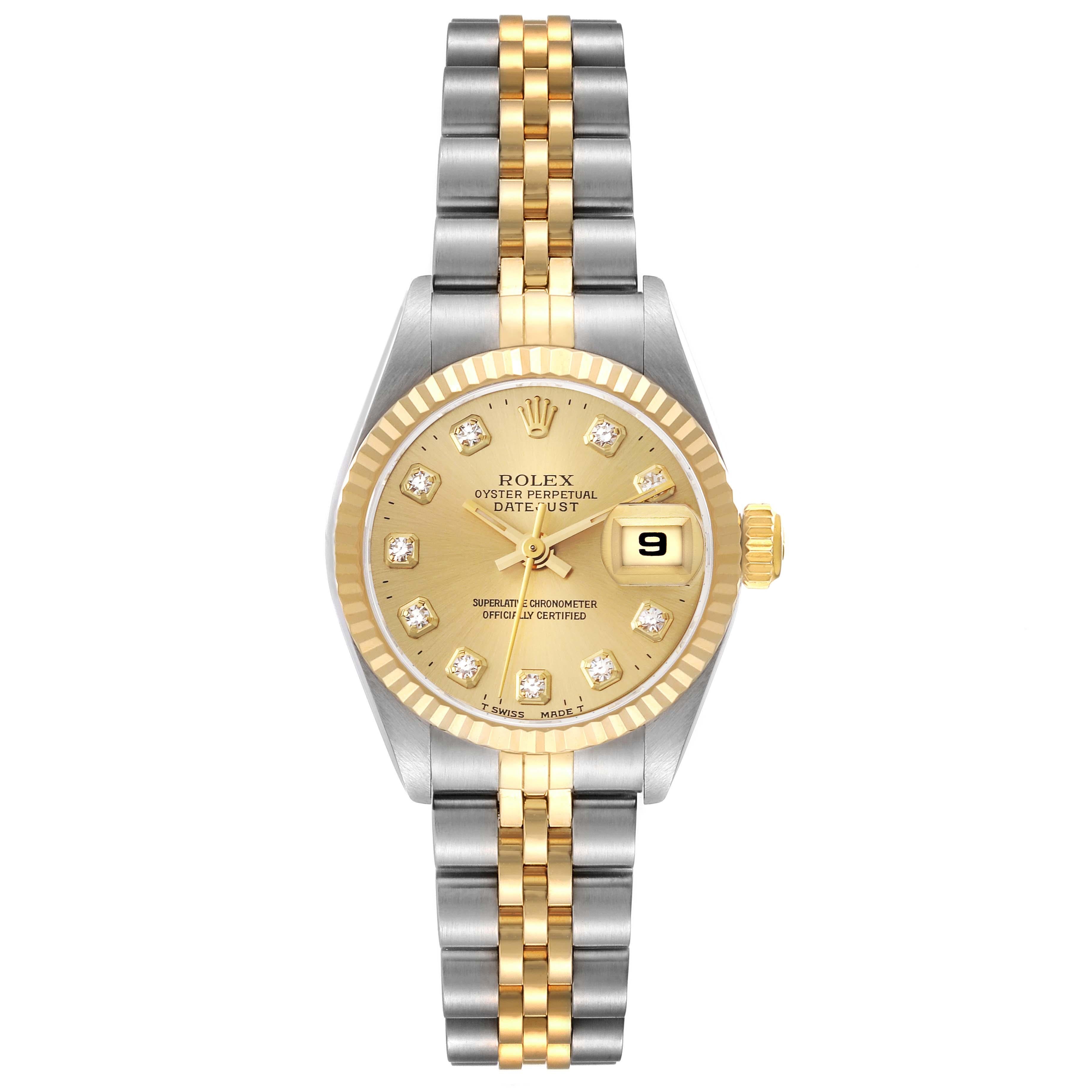 Rolex Datejust Steel Yellow Gold Diamond Dial Ladies Watch 69173 Box Papers. Officially certified chronometer automatic self-winding movement. Stainless steel oyster case 26.0 mm in diameter. Rolex logo on the crown. 18k yellow gold fluted bezel.
