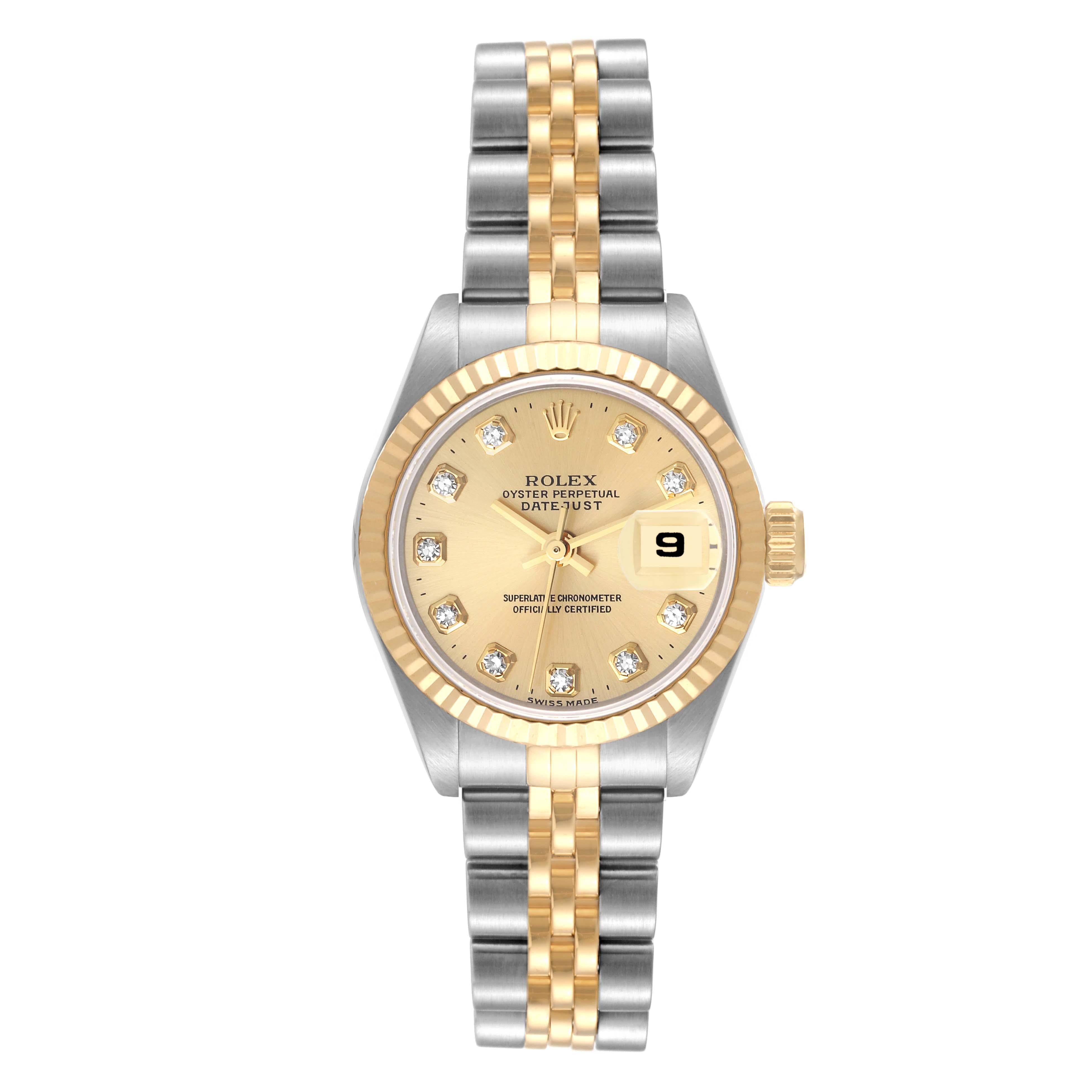 Rolex Datejust Steel Yellow Gold Diamond Dial Ladies Watch 69173 Box Papers. Officially certified chronometer automatic self-winding movement. Stainless steel oyster case 26.0 mm in diameter. Rolex logo on the crown. 18k yellow gold fluted bezel.
