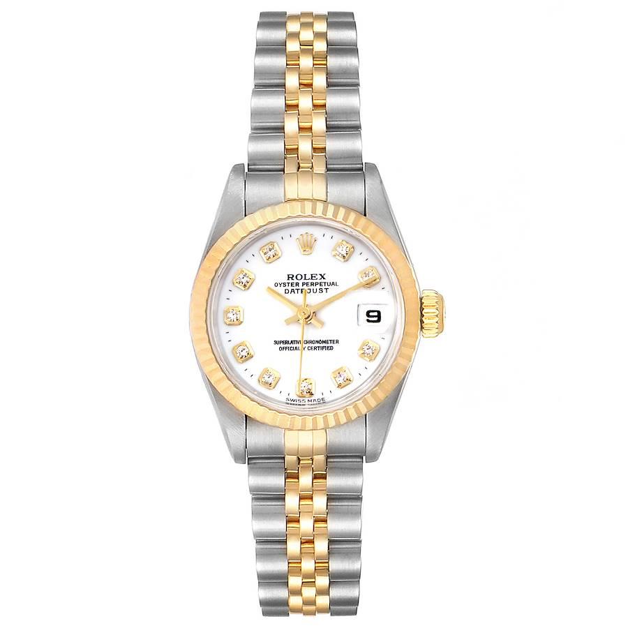 Rolex Datejust Steel Yellow Gold Diamond Dial Ladies Watch 69173. Officially certified chronometer self-winding movement. Stainless steel oyster case 26.0 mm in diameter. Rolex logo on a 18K yellow gold crown. 18k yellow gold fluted bezel. Scratch