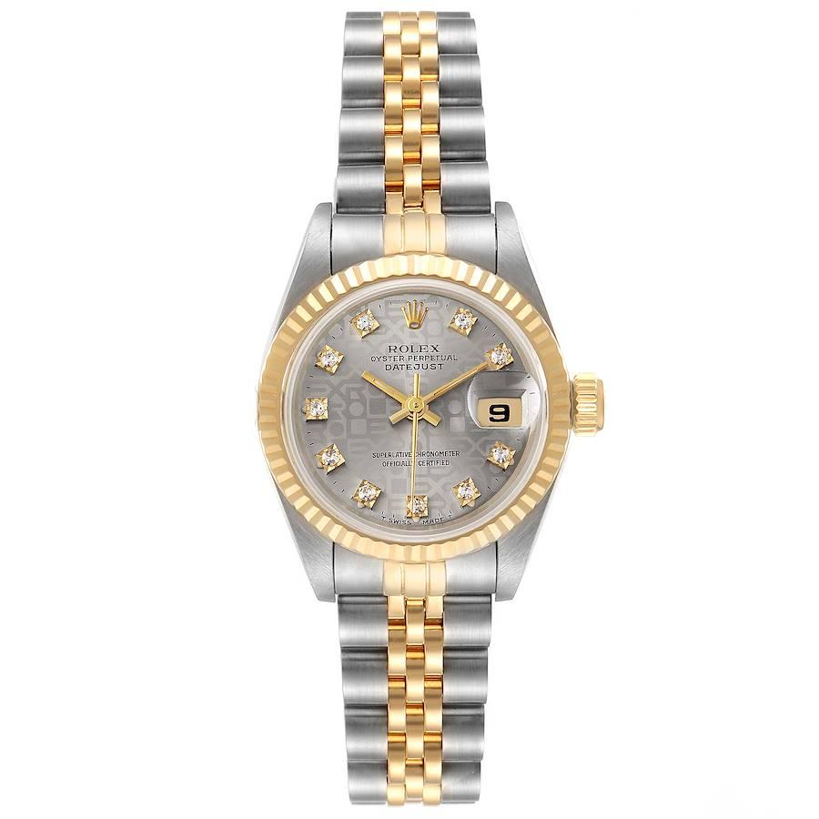 Rolex Datejust Steel Yellow Gold Diamond Dial Ladies Watch 69173. Officially certified chronometer self-winding movement. Stainless steel oyster case 26.0 mm in diameter. Rolex logo on a crown. 18k yellow gold fluted bezel. Scratch resistant