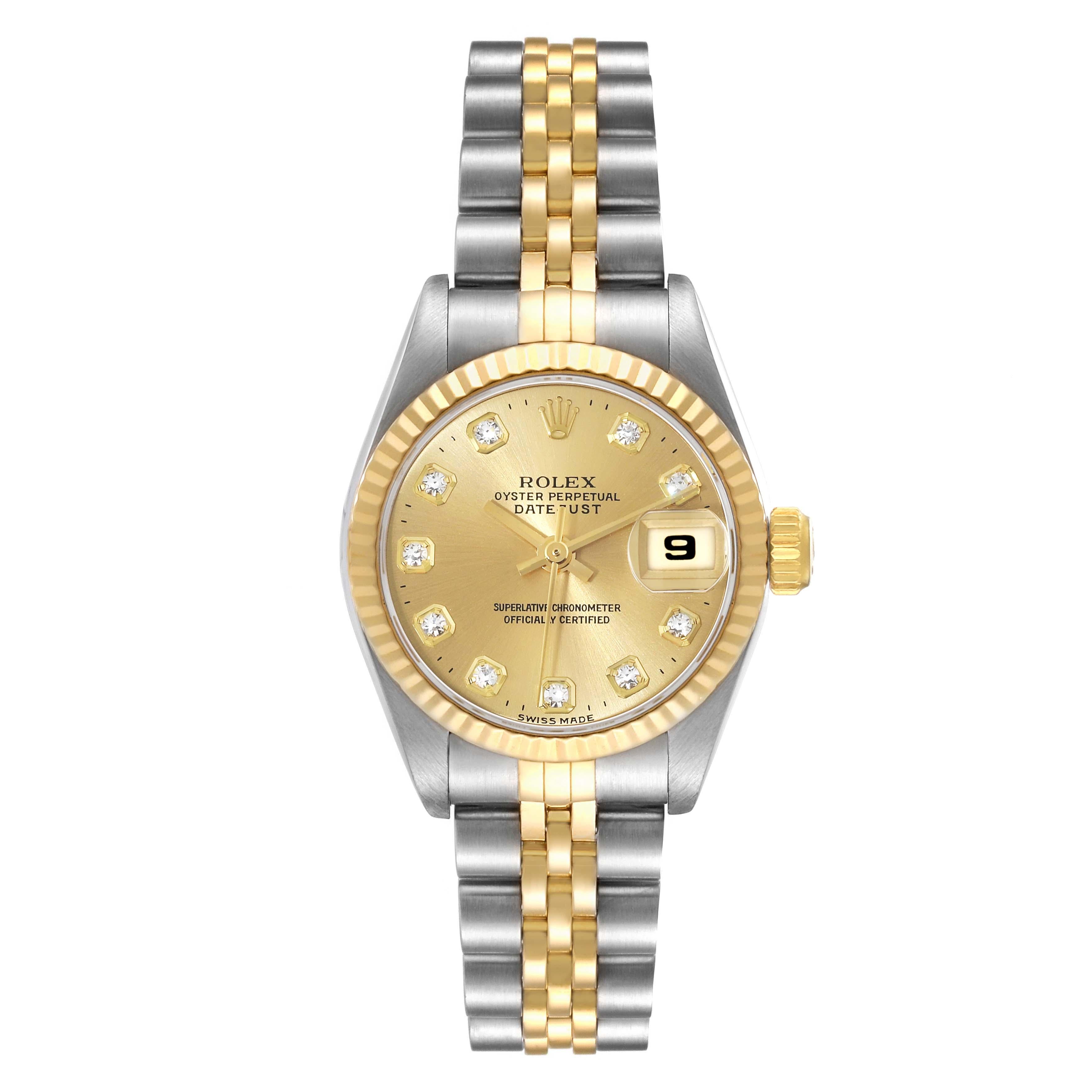 Rolex Datejust Steel Yellow Gold Diamond Dial Ladies Watch 69173. Officially certified chronometer automatic self-winding movement. Stainless steel oyster case 26.0 mm in diameter. Rolex logo on the crown. 18k yellow gold fluted bezel. Scratch