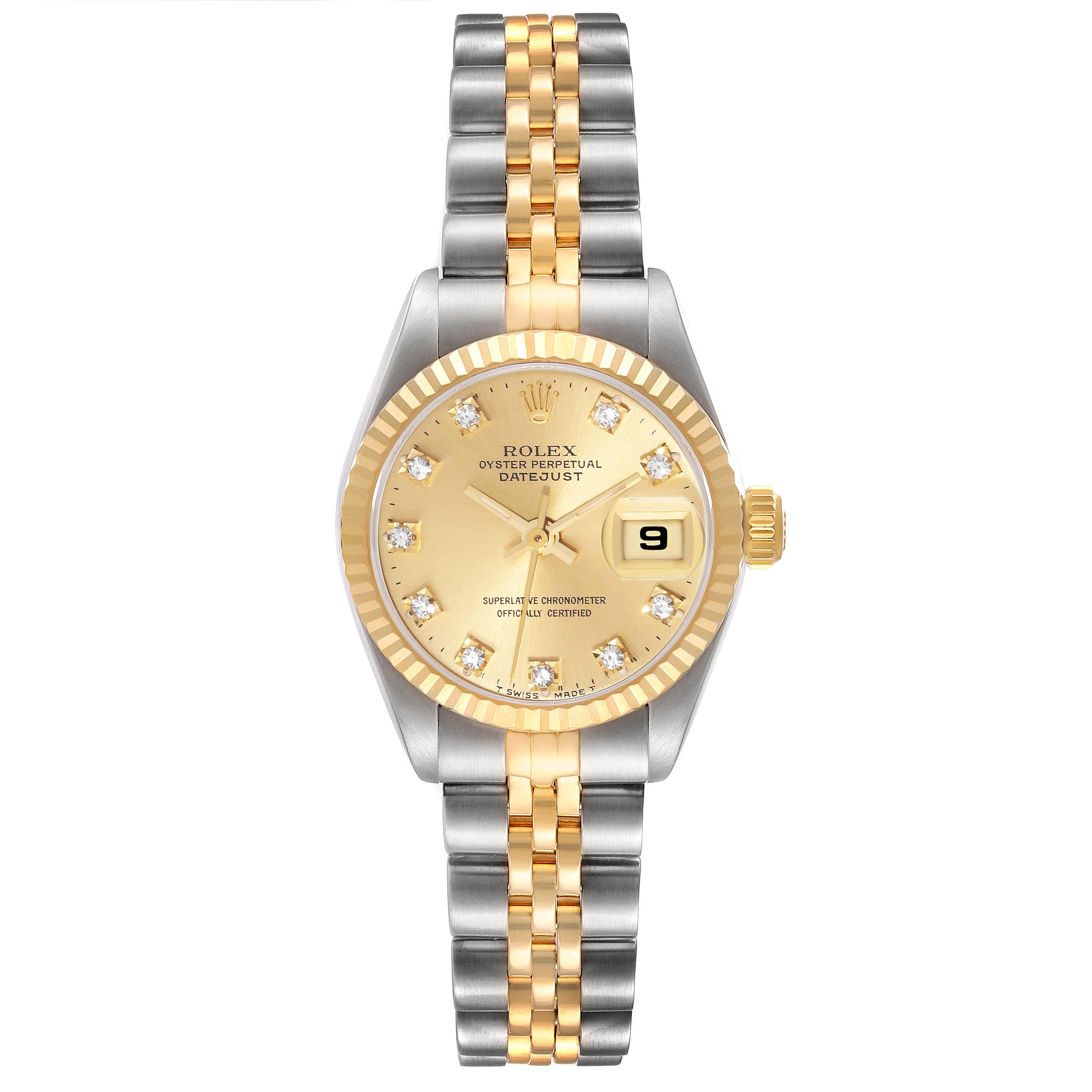 Rolex Datejust Steel Yellow Gold Diamond Dial Ladies Watch 69173. Officially certified chronometer automatic self-winding movement. Stainless steel oyster case 26.0 mm in diameter. Rolex logo on the crown. 18k yellow gold fluted bezel. Scratch