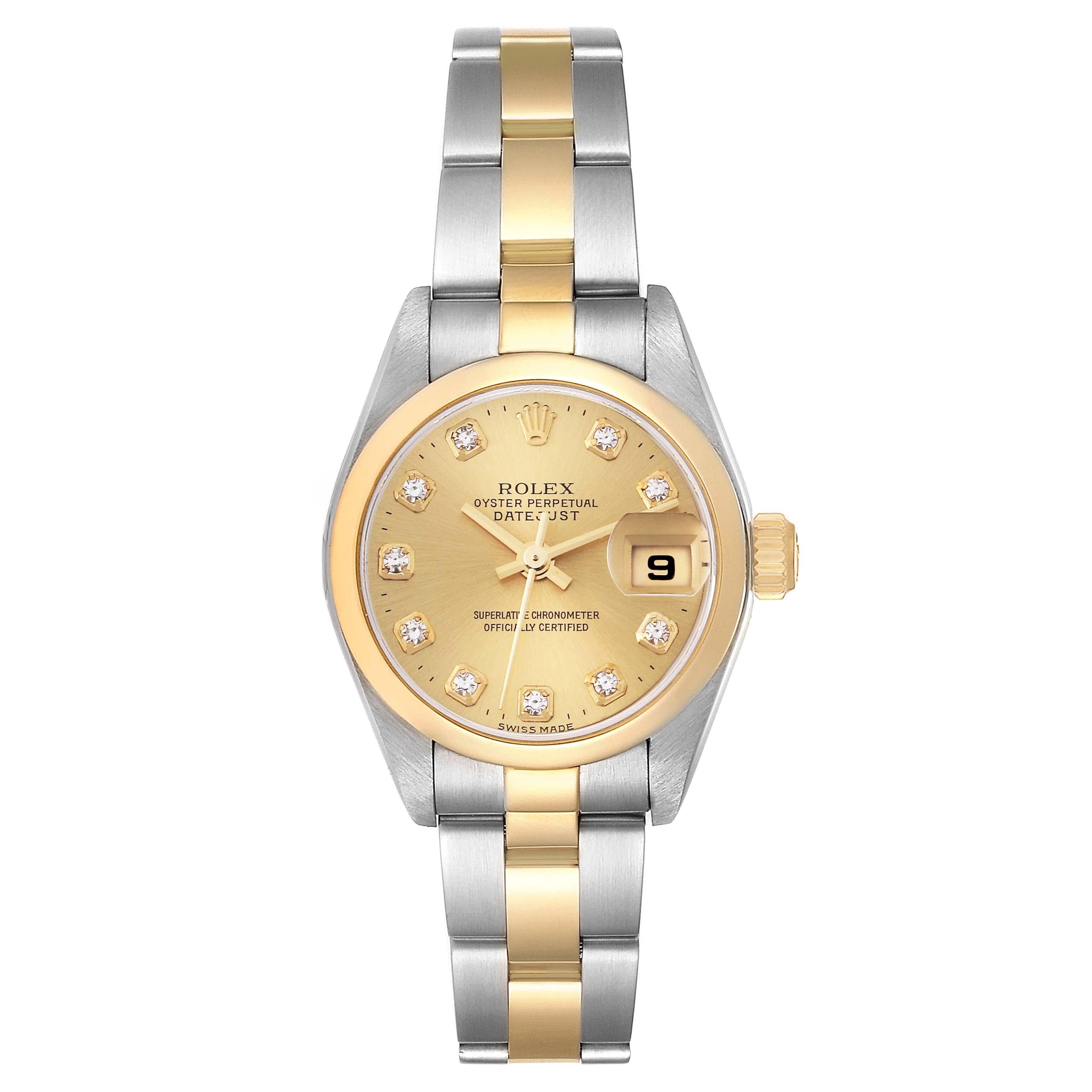 Rolex Datejust Steel Yellow Gold Diamond Dial Ladies Watch 79163 Papers. Officially certified chronometer automatic self-winding movement. Stainless steel oyster case 26 mm in diameter. Rolex logo on 18k yellow gold crown. 18k yellow gold smooth