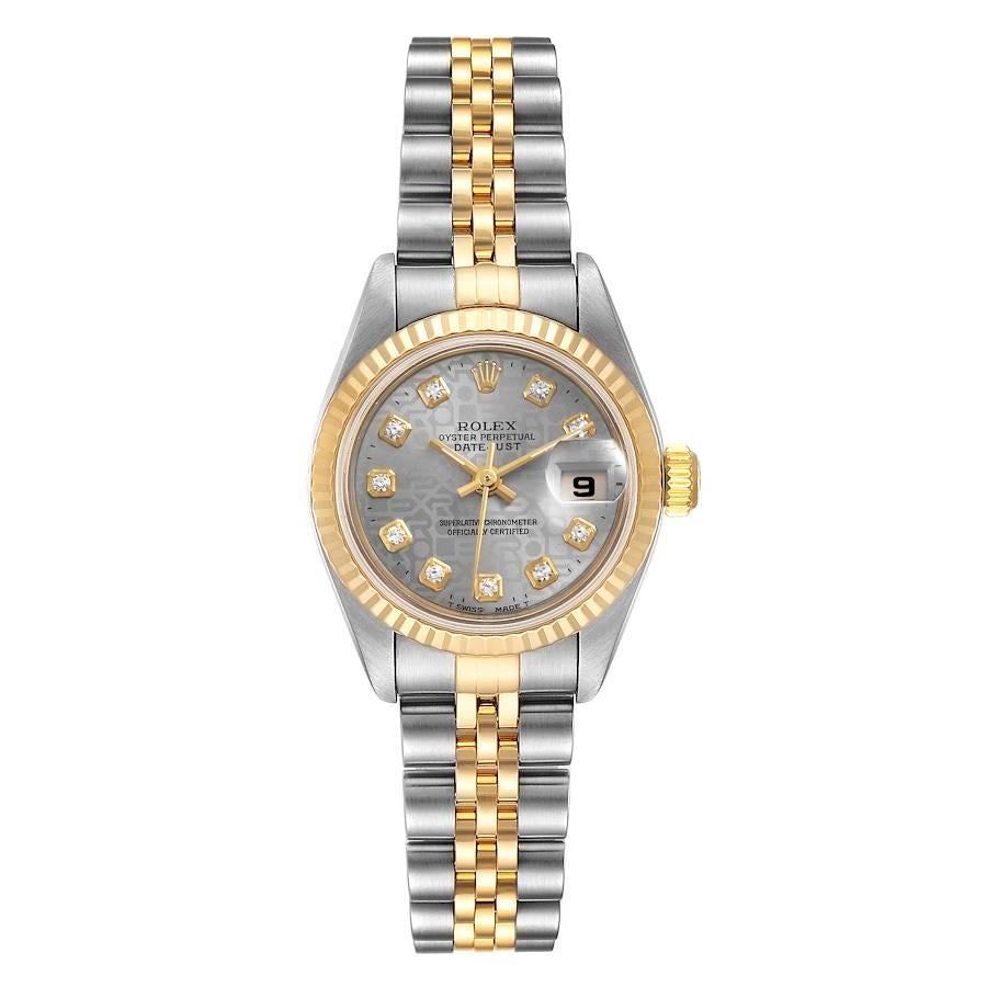 Rolex Datejust Steel Yellow Gold Diamond Dial Ladies Watch 79173 Box Papers. Officially certified chronometer self-winding movement. Stainless steel oyster case 26.0 mm in diameter. Rolex logo on a 18K yellow gold crown. 18k yellow gold fluted