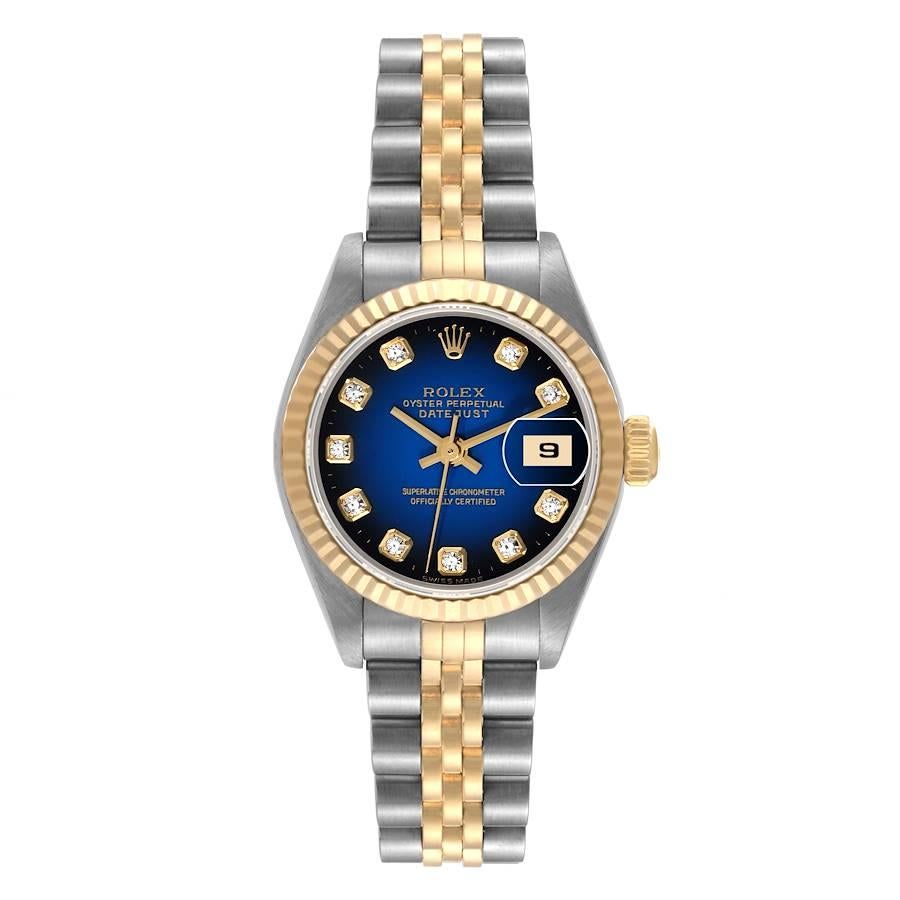Rolex Datejust Steel Yellow Gold Diamond Dial Ladies Watch 79173 Box Papers. Officially certified chronometer automatic self-winding movement. Stainless steel oyster case 26.0 mm in diameter. Rolex logo on an 18K yellow gold crown. 18k yellow gold