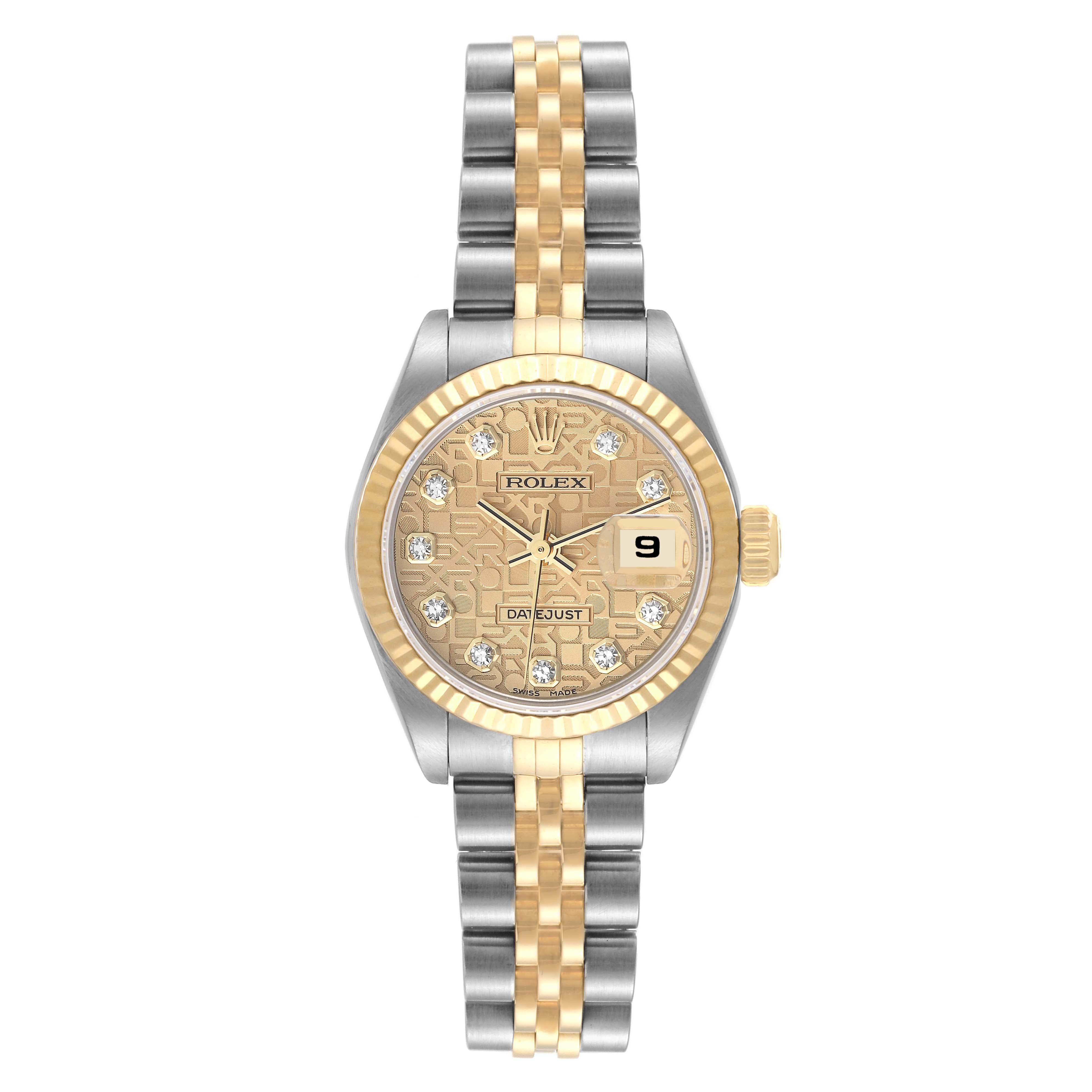 Rolex Datejust Steel Yellow Gold Diamond Dial Ladies Watch 79173 Box Papers. Officially certified chronometer automatic self-winding movement. Stainless steel oyster case 26.0 mm in diameter. Rolex logo on an 18K yellow gold crown. 18k yellow gold