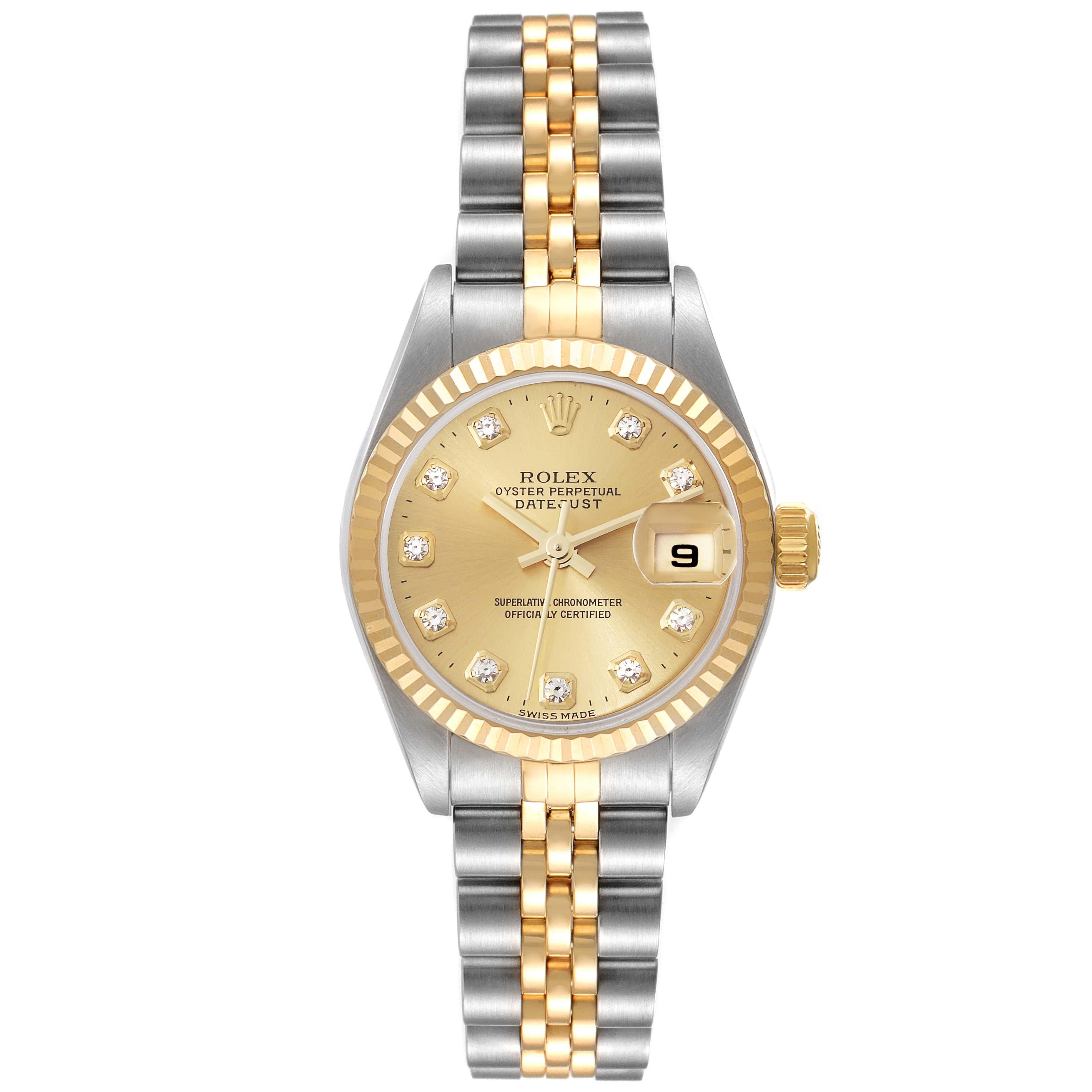 Rolex Datejust Steel Yellow Gold Diamond Dial Ladies Watch 79173 Box Papers. Officially certified chronometer automatic self-winding movement. Stainless steel oyster case 26 mm in diameter. Rolex logo on an 18K yellow gold crown. 18k yellow gold