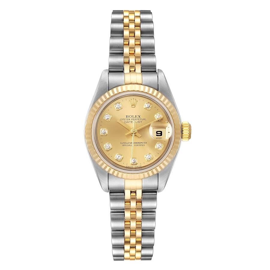 Rolex Datejust Steel Yellow Gold Diamond Dial Ladies Watch 79173. Officially certified chronometer self-winding movement. Stainless steel oyster case 26.0 mm in diameter. Rolex logo on a 18K yellow gold crown. 18k yellow gold fluted bezel. Scratch