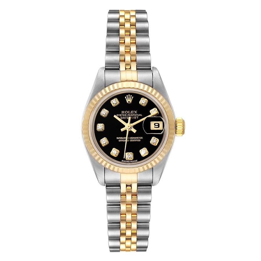 Rolex Datejust Steel Yellow Gold Diamond Dial Ladies Watch 79173. Officially certified chronometer self-winding movement. Stainless steel oyster case 26.0 mm in diameter. Rolex logo on a 18K yellow gold crown. 18k yellow gold fluted bezel. Scratch