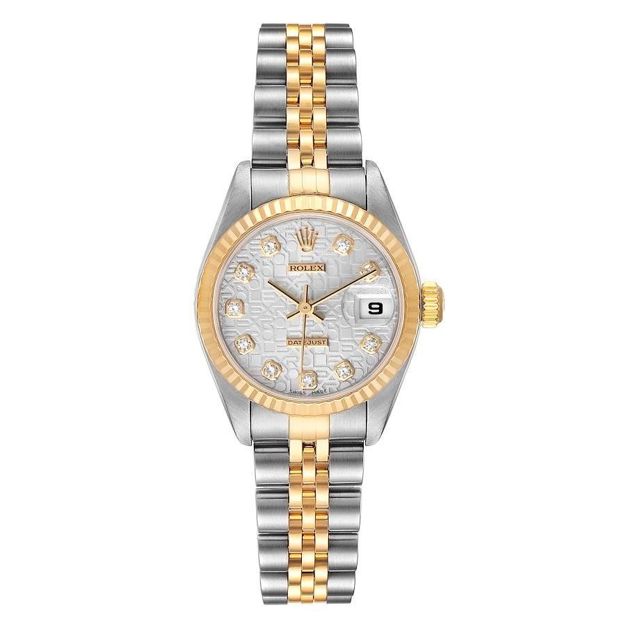 Rolex Datejust Steel Yellow Gold Diamond Dial Ladies Watch 79173. Officially certified chronometer self-winding movement. Stainless steel oyster case 26.0 mm in diameter. Rolex logo on a 18K yellow gold crown. 18k yellow gold fluted bezel. Scratch