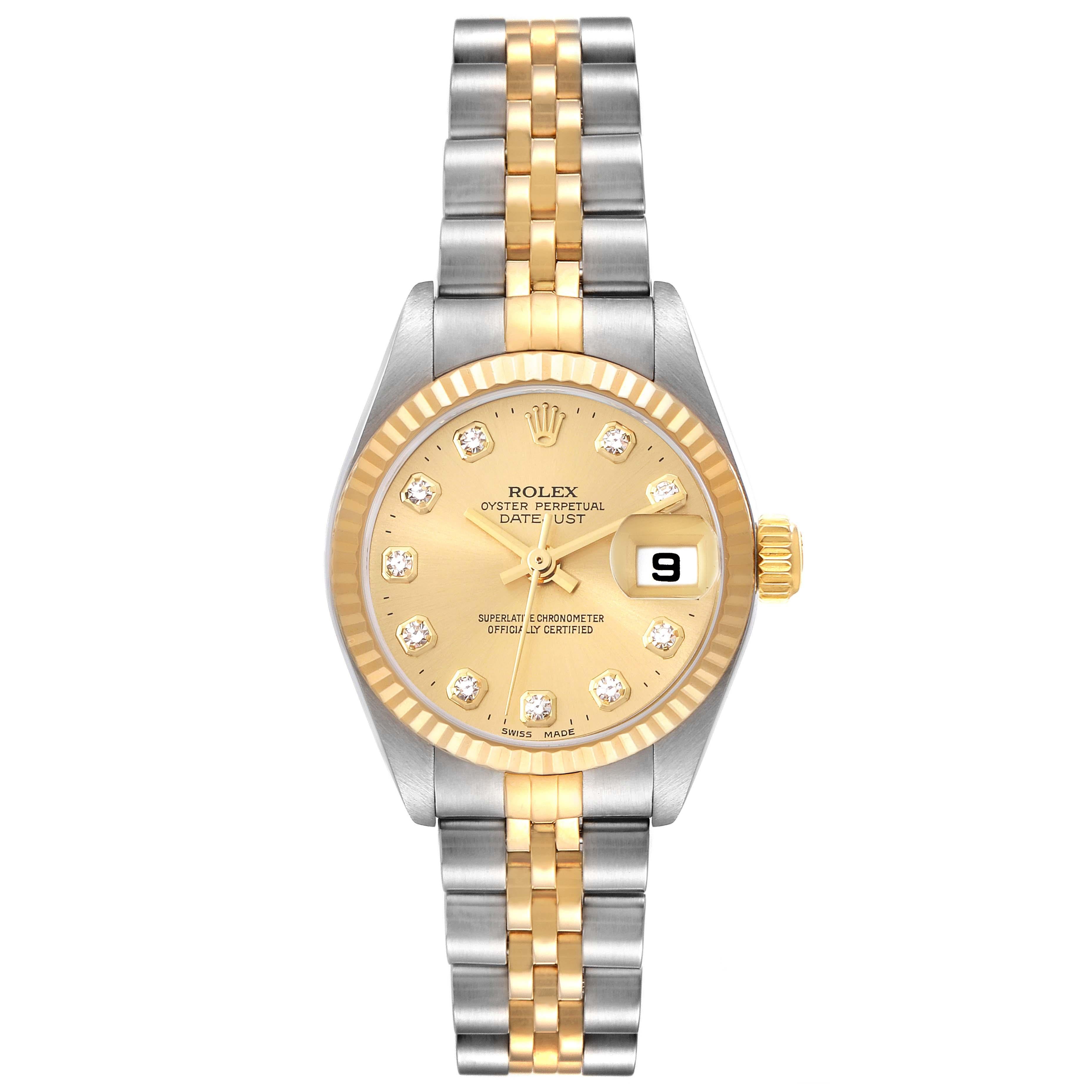 Rolex Datejust Steel Yellow Gold Diamond Dial Ladies Watch 79173. Officially certified chronometer automatic self-winding movement. Stainless steel oyster case 26 mm in diameter. Rolex logo on an 18K yellow gold crown. 18k yellow gold fluted bezel.
