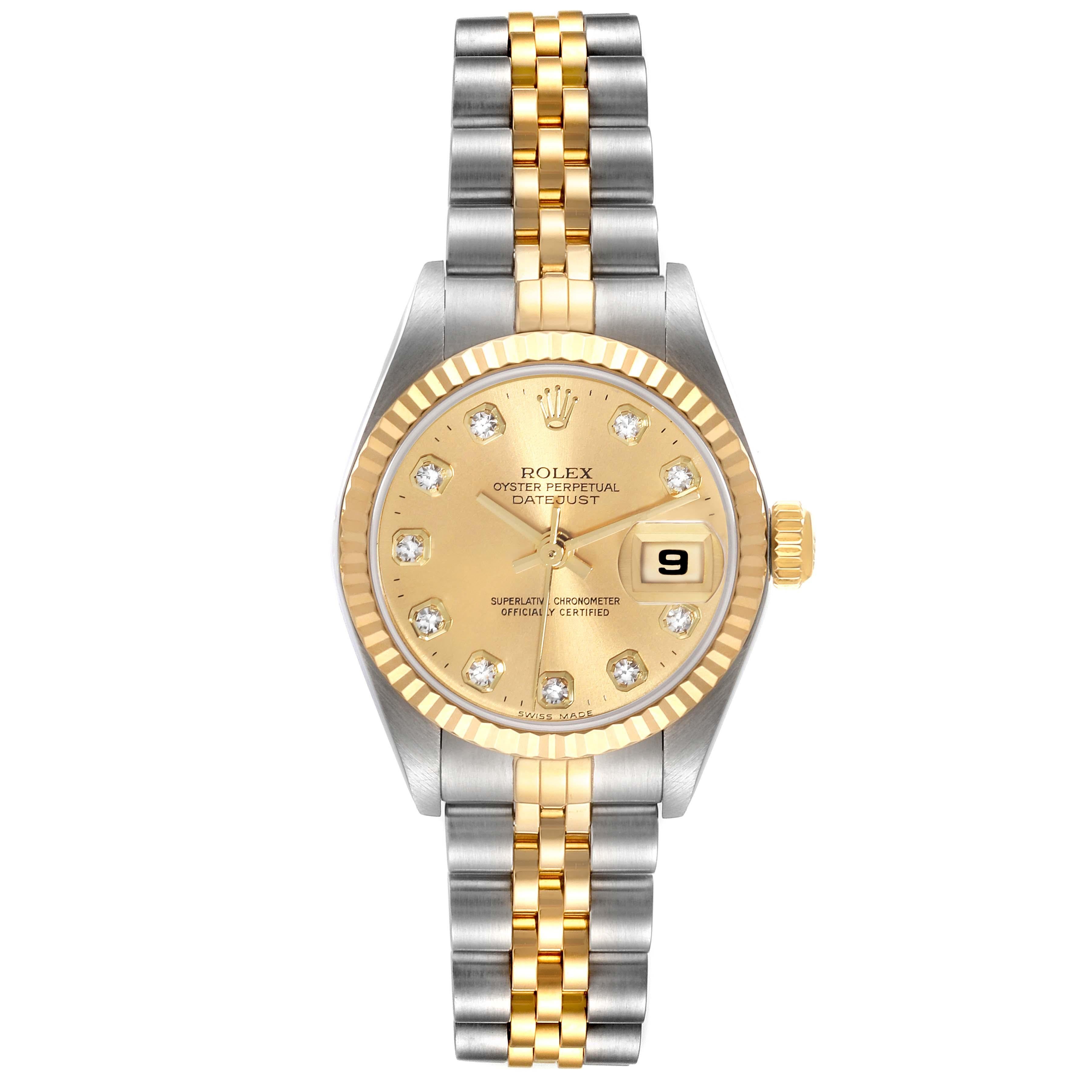 Rolex Datejust Steel Yellow Gold Diamond Dial Ladies Watch 79173. Officially certified chronometer automatic self-winding movement. Stainless steel oyster case 26 mm in diameter. Rolex logo on an 18K yellow gold crown. 18k yellow gold fluted bezel.