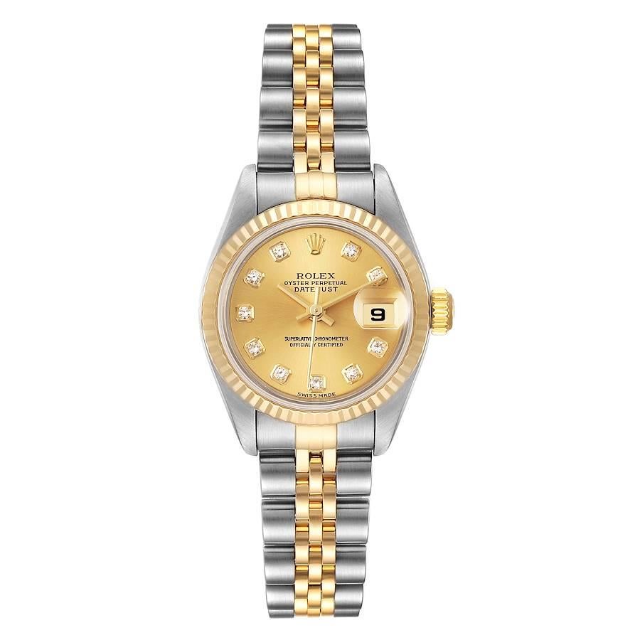 Rolex Datejust Steel Yellow Gold Diamond Dial Ladies Watch 79173 Papers. Officially certified chronometer self-winding movement. Stainless steel oyster case 26.0 mm in diameter. Rolex logo on a 18K yellow gold crown. 18k yellow gold fluted bezel.