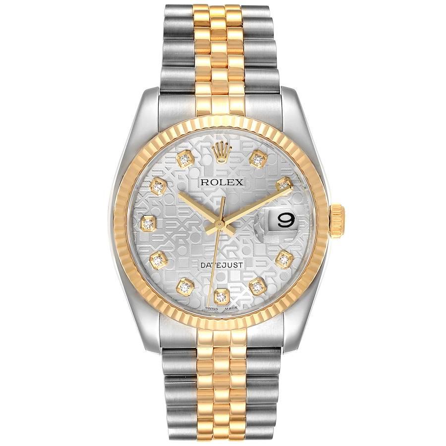 Rolex Datejust Steel Yellow Gold Diamond Dial Mens Watch 116233 Box Papers. Officially certified chronometer self-winding movement. Stainless steel case 36 mm in diameter.  Rolex logo on a crown. 18k yellow gold fluted bezel. Scratch resistant