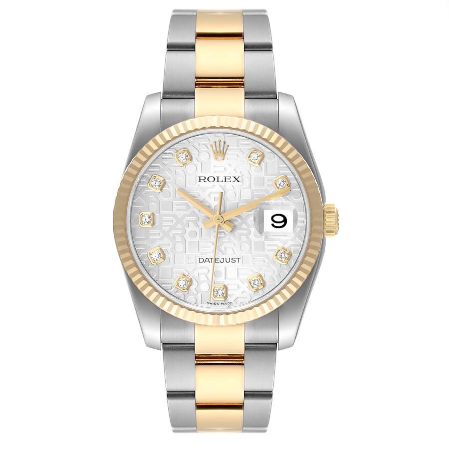 Rolex Datejust Steel Yellow Gold Diamond Dial Mens Watch 116233 Box Papers. Officially certified chronometer self-winding movement. Stainless steel case 36 mm in diameter.  Rolex logo on a crown. 18k yellow gold fluted bezel. Scratch resistant