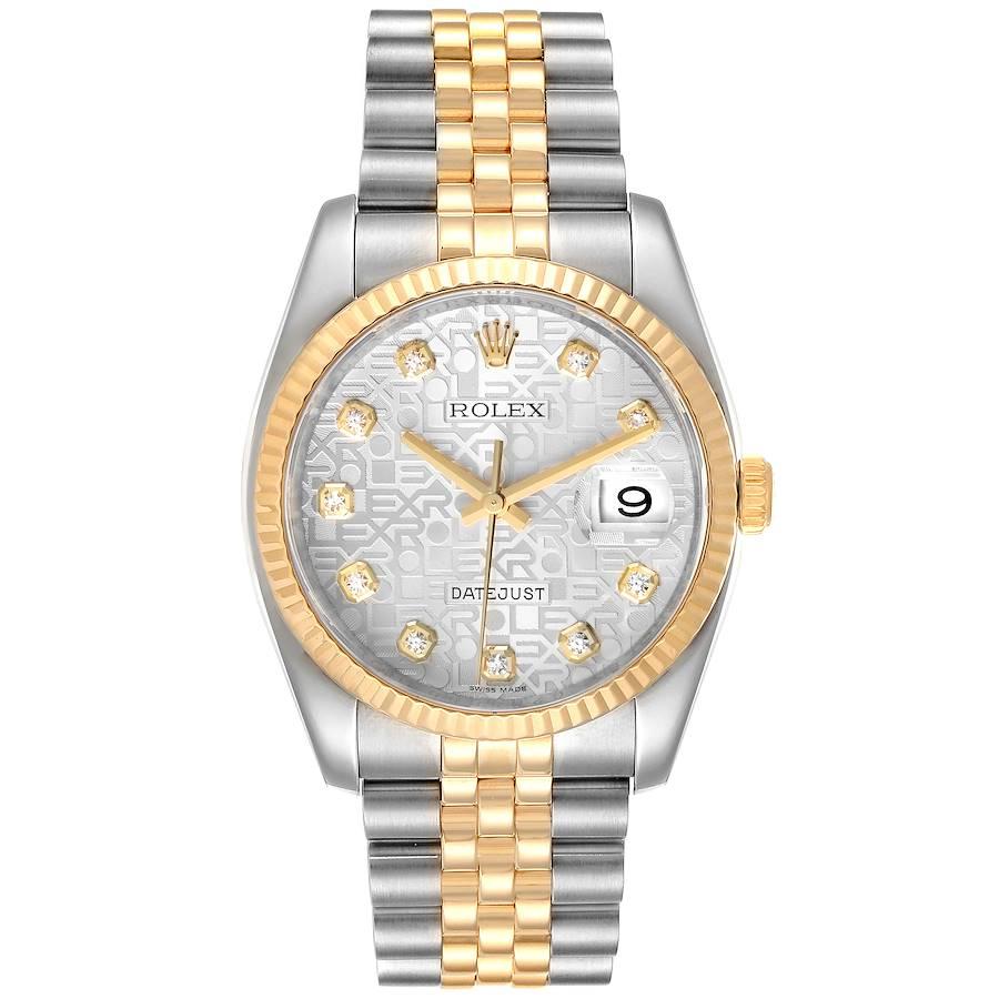 Rolex Datejust Steel Yellow Gold Diamond Dial Mens Watch 116233. Officially certified chronometer self-winding movement. Stainless steel case 36 mm in diameter.  Rolex logo on a crown. 18k yellow gold fluted bezel. Scratch resistant sapphire crystal