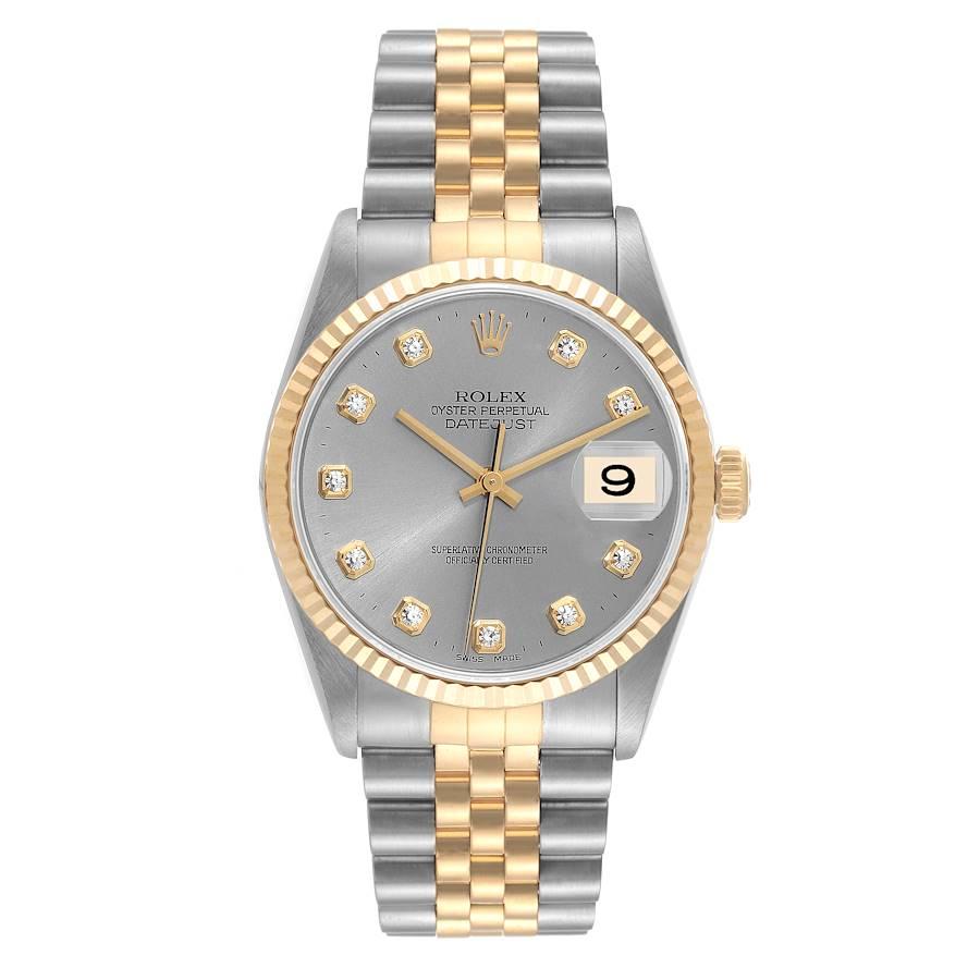 Rolex Datejust Steel Yellow Gold Diamond Dial Mens Watch 16233 Box Papers. Officially certified chronometer automatic self-winding movement. Stainless steel case 36 mm in diameter.  Rolex logo on an 18K yellow gold crown. 18k yellow gold fluted