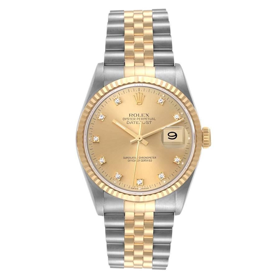 Rolex Datejust Steel Yellow Gold Diamond Dial Mens Watch 16233 Box Papers. Officially certified chronometer automatic self-winding movement. Stainless steel case 36 mm in diameter.  Rolex logo on an 18K yellow gold crown. 18k yellow gold fluted