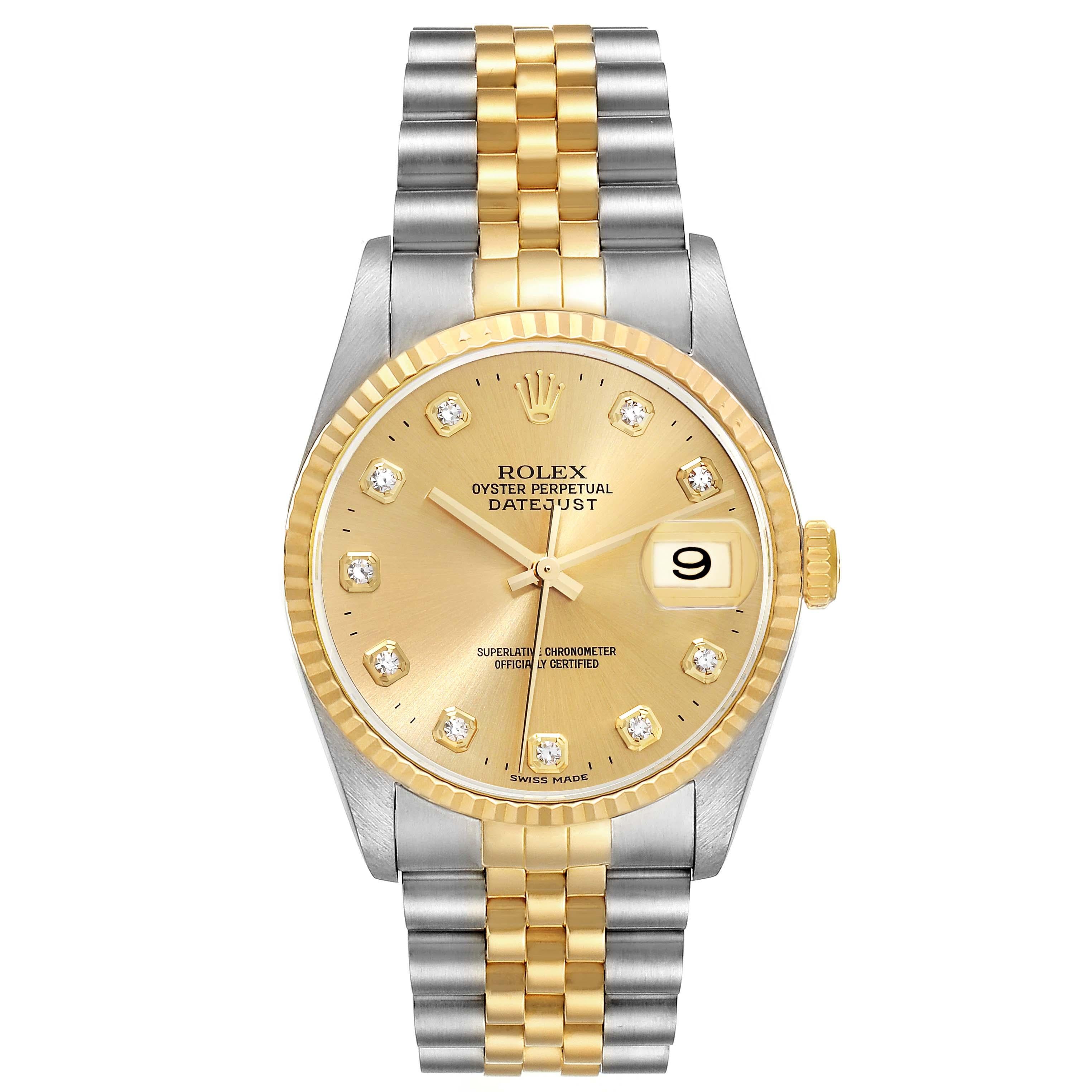 Rolex Datejust Steel Yellow Gold Diamond Dial Mens Watch 16233 Box Papers. Officially certified chronometer automatic self-winding movement. Stainless steel case 36 mm in diameter.  Rolex logo on an 18K yellow gold crown. 18k yellow gold fluted