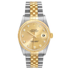 Rolex Datejust Steel Yellow Gold Diamond Dial Mens Watch 16233 Box Papers