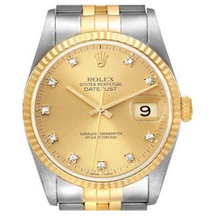 Rolex Datejust Steel Yellow Gold Diamond Dial Mens Watch 16233 Box Papers