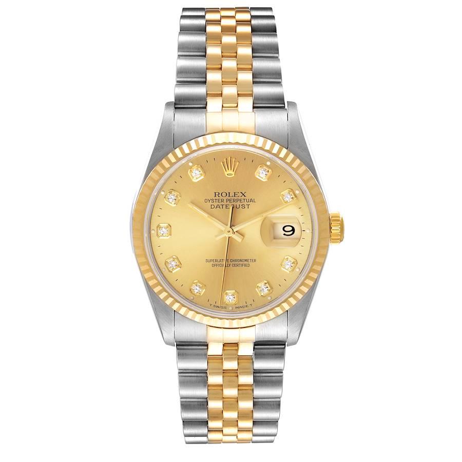 Rolex Datejust Steel Yellow Gold Diamond Dial Mens Watch 16233. Officially certified chronometer automatic self-winding movement. Stainless steel case 36.0 mm in diameter. Rolex logo on a crown. 18k yellow gold fluted bezel. Scratch resistant