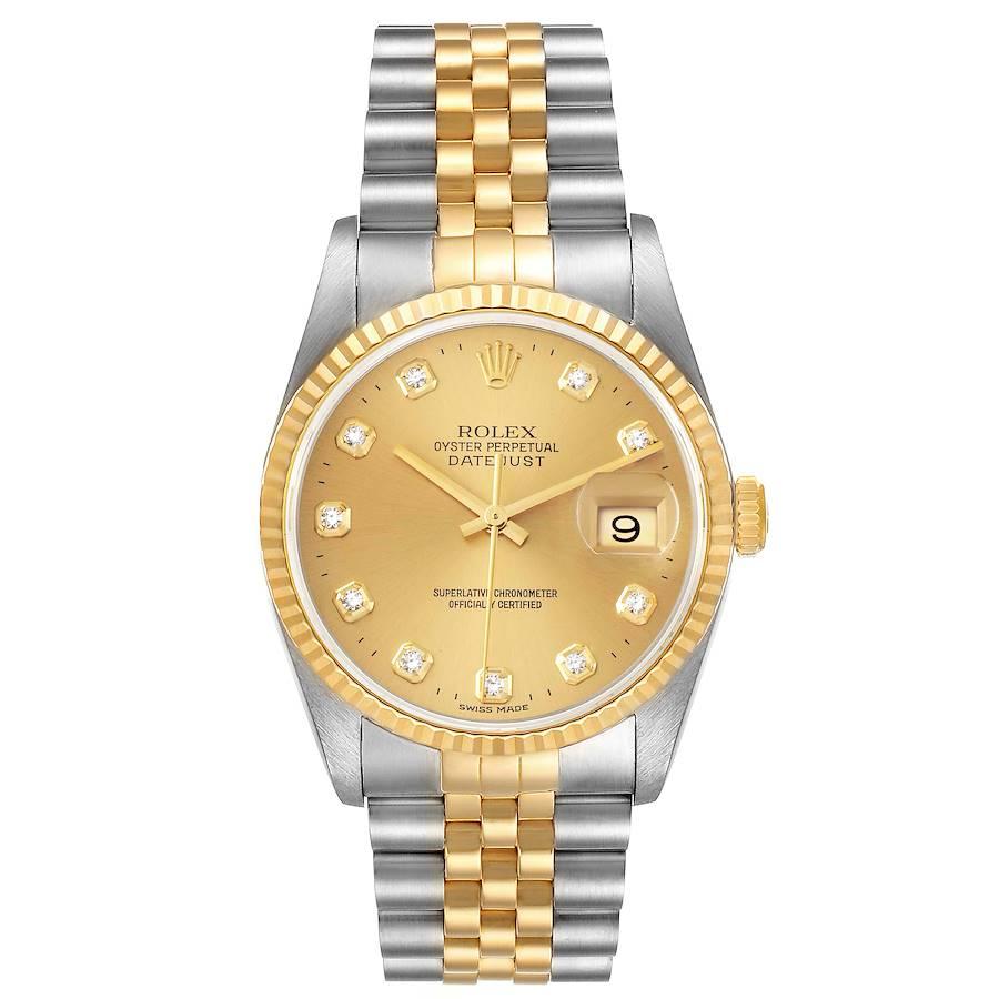 Rolex Datejust Steel Yellow Gold Diamond Dial Mens Watch 16233. Officially certified chronometer automatic self-winding movement. Stainless steel case 36.0 mm in diameter. Rolex logo on a crown. 18k yellow gold fluted bezel. Scratch resistant