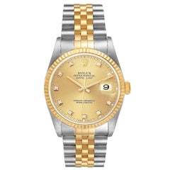 Rolex Datejust Steel Yellow Gold Diamond Dial Mens Watch 16233