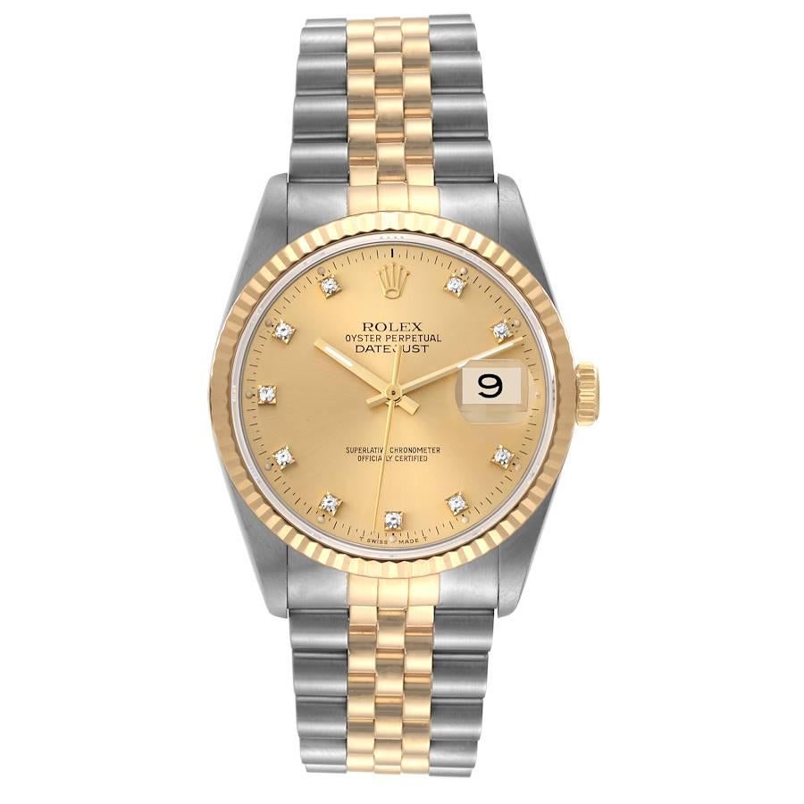 Rolex Datejust Steel Yellow Gold Diamond Dial Mens Watch 16233. Mouvement automatique à remontage automatique, officiellement certifié chronomètre. Boîtier en acier inoxydable de 36 mm de diamètre.  Logo Rolex sur une couronne en or jaune 18 carats.