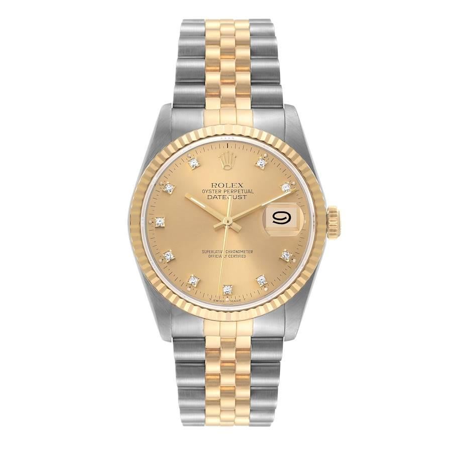 Rolex Datejust Steel Yellow Gold Diamond Dial Mens Watch 16233. Officially certified chronometer automatic self-winding movement. Stainless steel case 36 mm in diameter.  Rolex logo on an 18K yellow gold crown. 18k yellow gold fluted bezel. Scratch