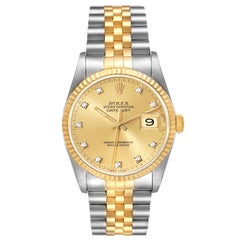 Rolex Datejust Steel Yellow Gold Diamond Dial Mens Watch 16233