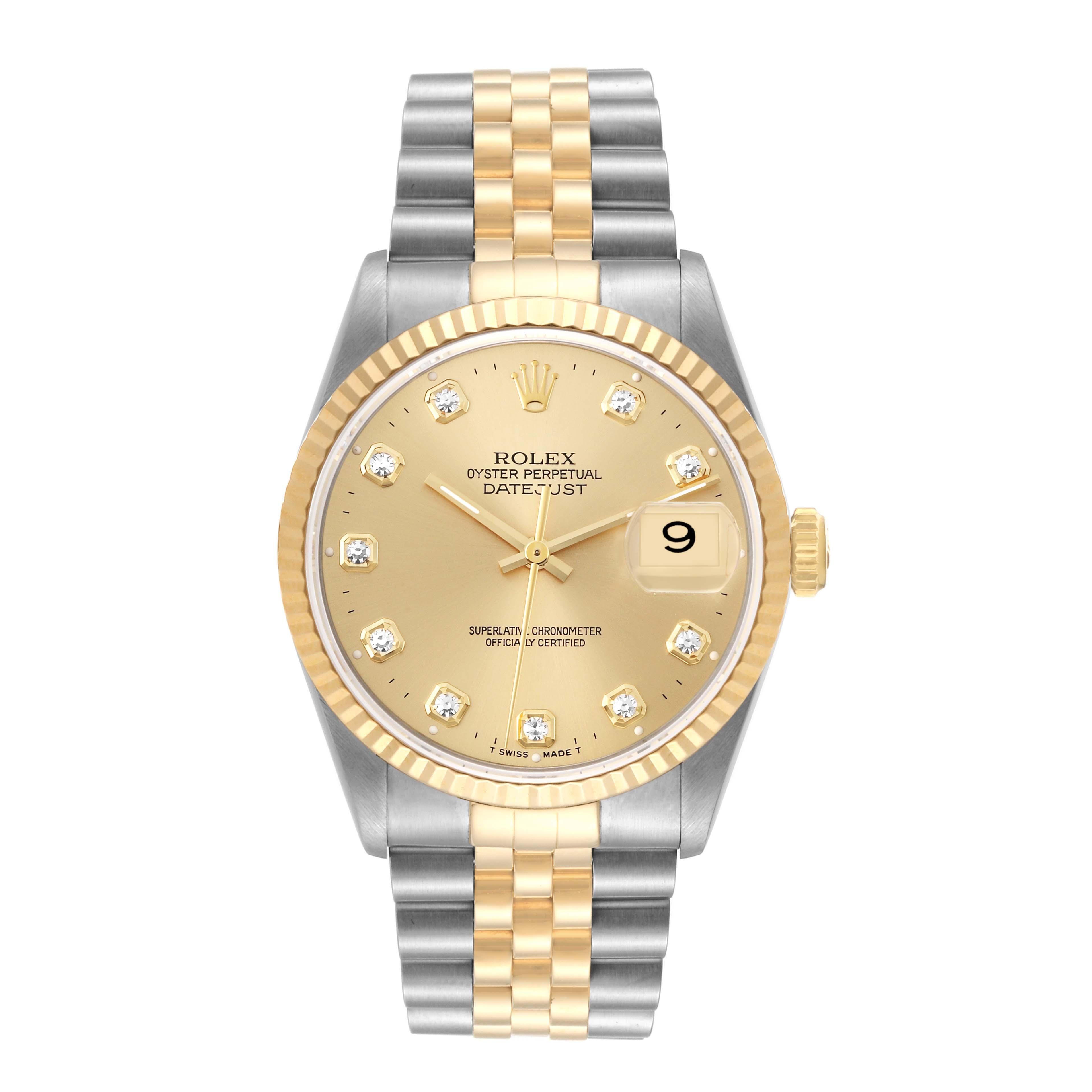 Rolex Datejust Steel Yellow Gold Diamond Dial Mens Watch 16233. Officially certified chronometer automatic self-winding movement. Stainless steel case 36 mm in diameter.  Rolex logo on an 18K yellow gold crown. 18k yellow gold fluted bezel. Scratch