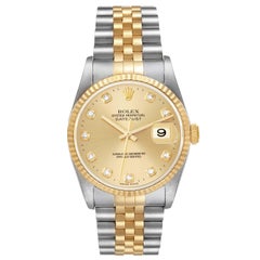 Rolex Datejust Steel Yellow Gold Diamond Dial Mens Watch 16233