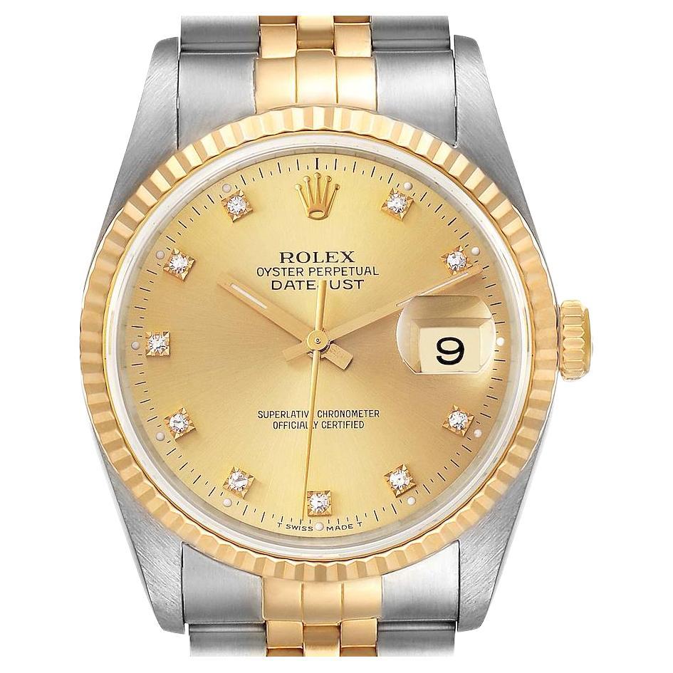 Rolex Datejust Steel Yellow Gold Diamond Dial Mens Watch 16233 For Sale