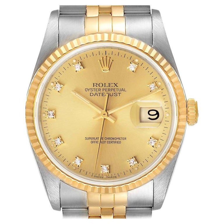 Rolex Datejust Steel Yellow Gold Diamond Dial Mens Watch 16233 For Sale