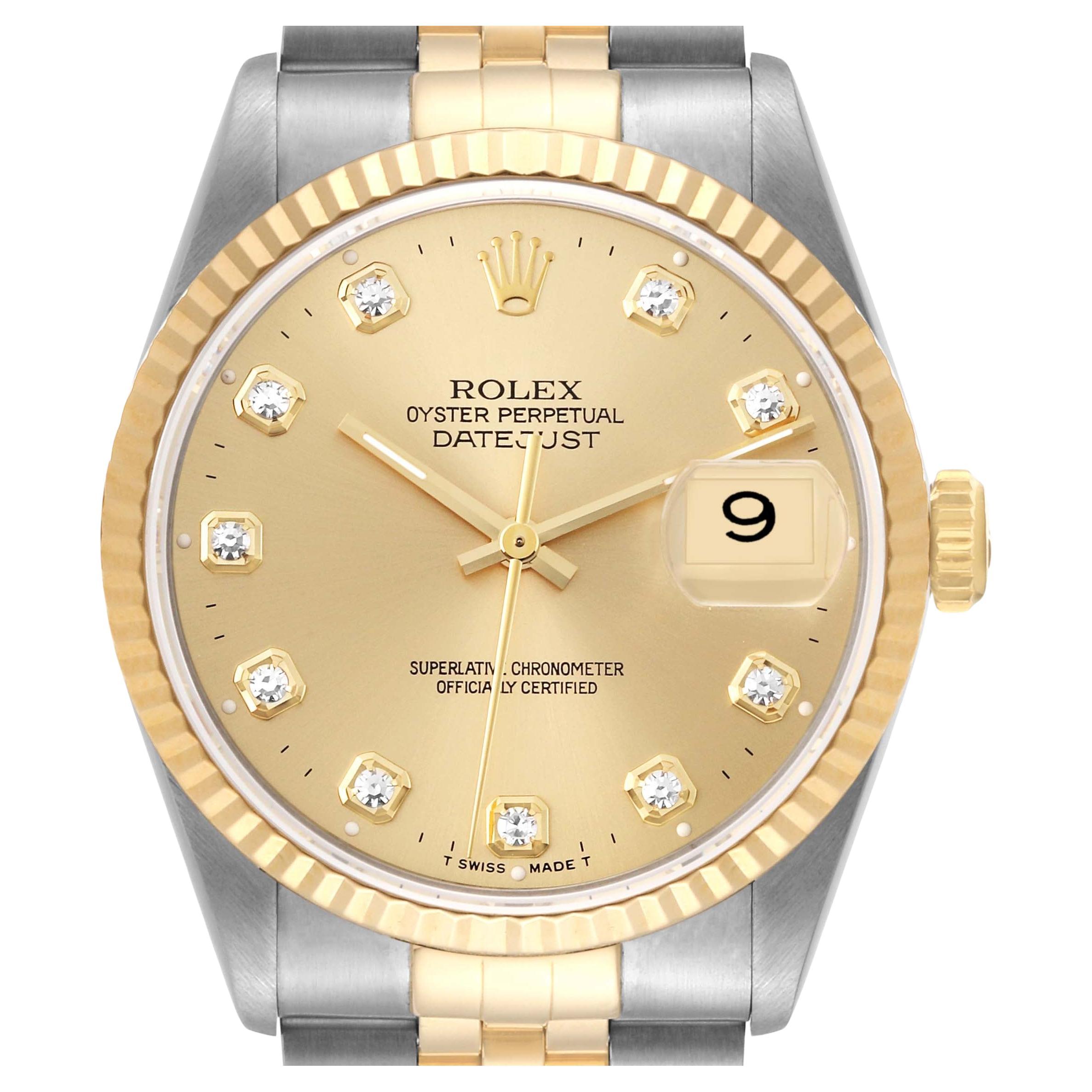 Rolex Datejust Steel Yellow Gold Diamond Dial Mens Watch 16233