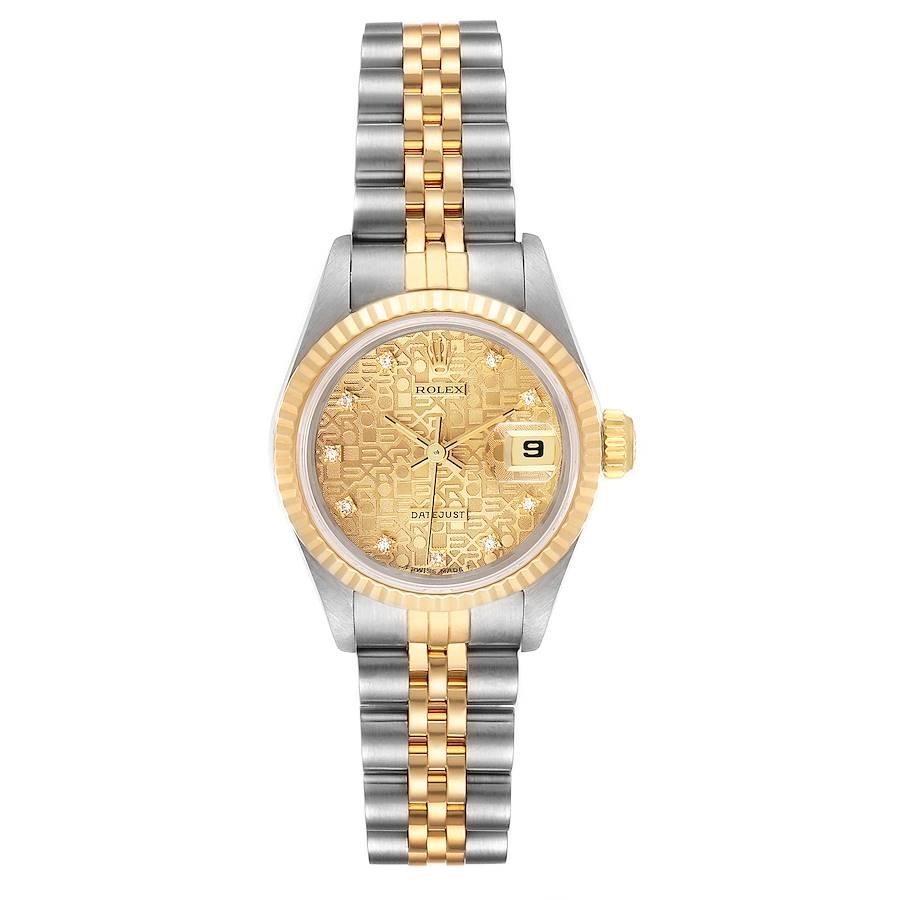 Rolex Datejust Steel Yellow Gold Diamond Ladies Watch 69173 Papers. Officially certified chronometer self-winding movement. Stainless steel oyster case 26.0 mm in diameter. Rolex coronet logo on the crown. 18k yellow gold fluted bezel. Scratch