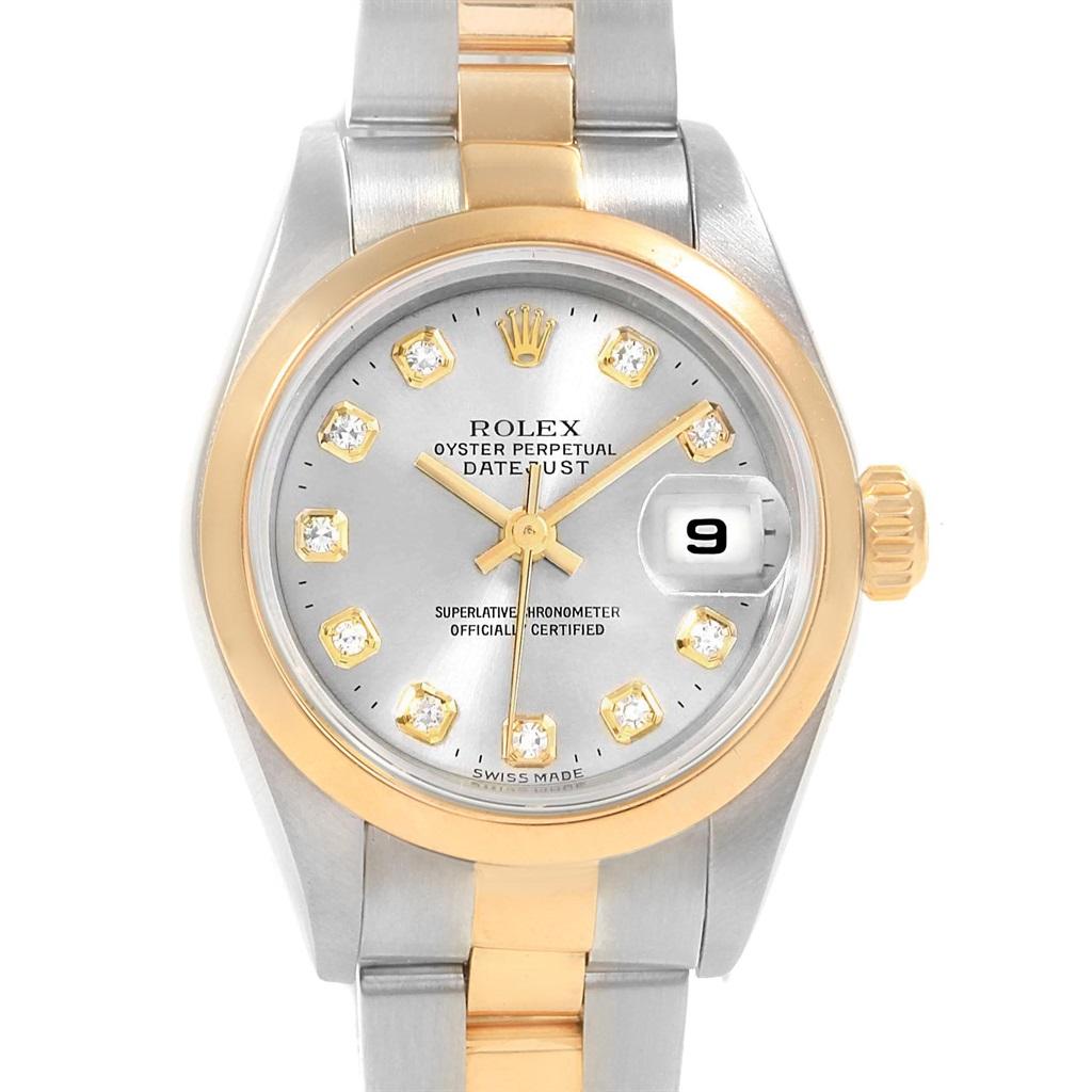 Rolex Datejust Steel Yellow Gold Diamond Ladies Watch . Officially certified chronometer self-winding movement. Stainless steel oyster case 26.0 mm in diameter. Rolex logo on a 18k yellow gold crown. 18k yellow gold smooth bezel. Scratch resistant