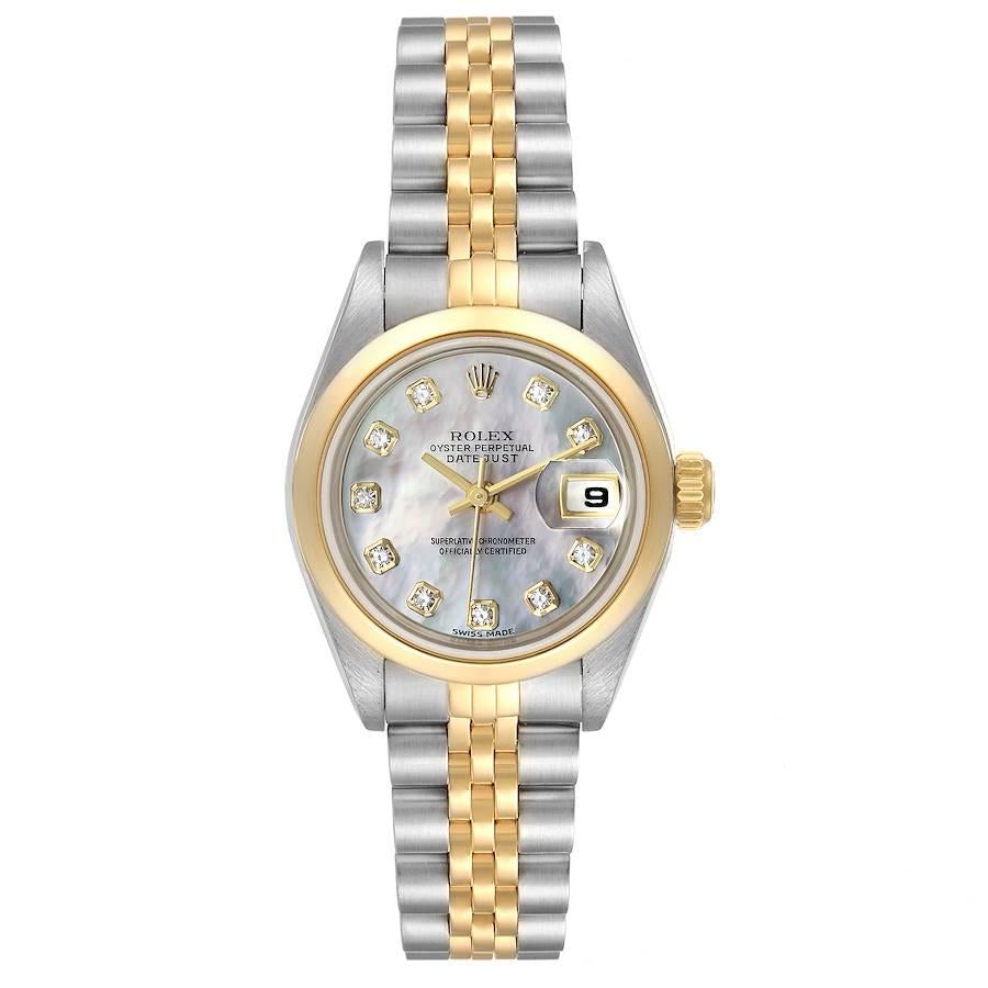 Rolex Datejust Steel Yellow Gold Diamond Ladies Watch 79163 Papers. Officially certified chronometer self-winding movement. Stainless steel oyster case 26.0 mm in diameter. Rolex logo on a 18k yellow gold crown. 18k yellow gold smooth bezel. Scratch