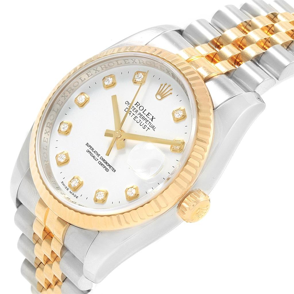 Rolex Datejust Steel Yellow Gold Diamond Mens Watch 116233 Box Papers. Officially certified chronometer self-winding movement with quickset date. Stainless steel case 36 mm in diameter. Rolex logo on a crown. 18k yellow gold fluted bezel. Scratch